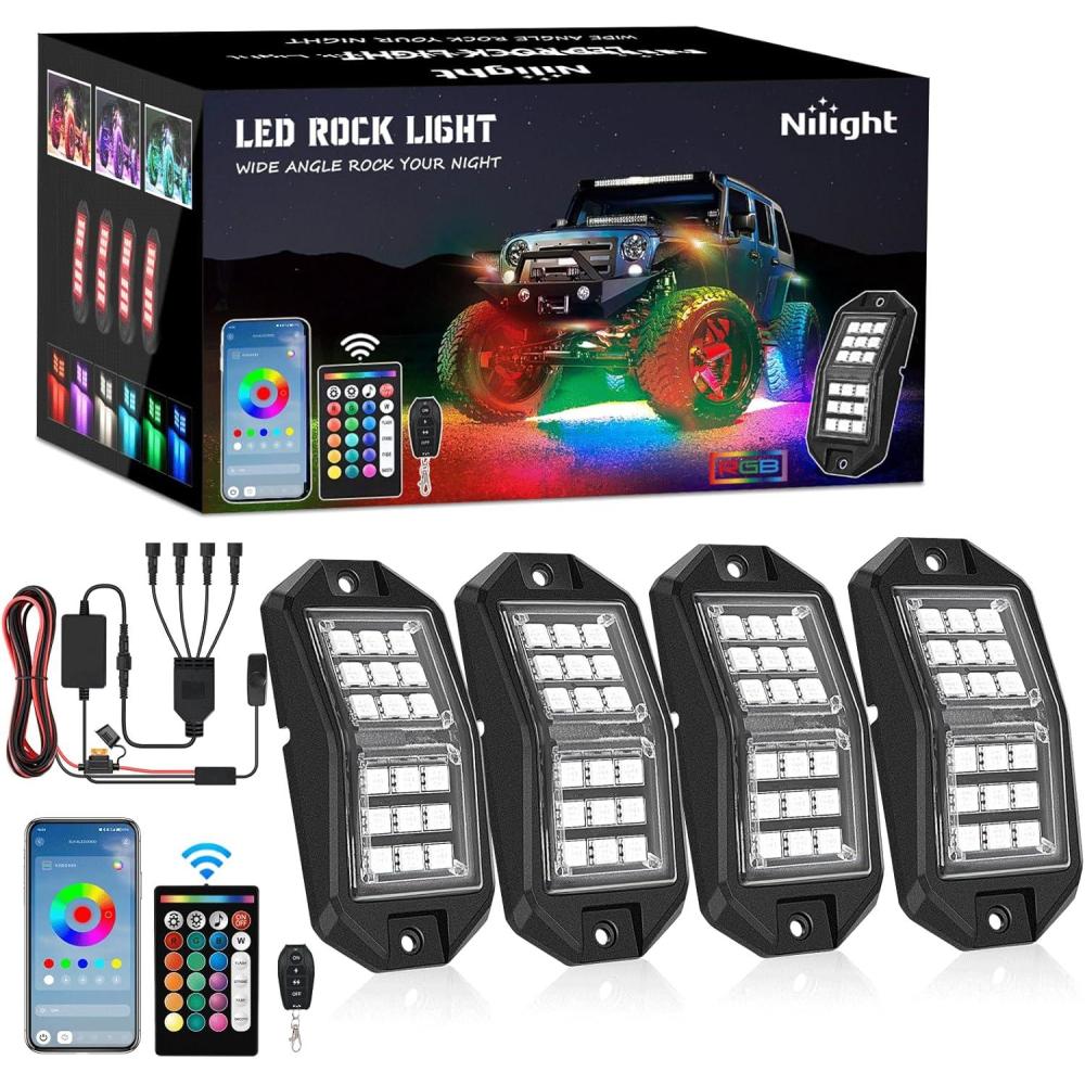 imageNilight RGB LED Rock Lights Kit 4 pods Underglow Multicolor Neon Light Pod with Bluetooth App Control Flashing Music Mode Wheel Well Light for Truck ATV UTV RZR SUVRGB 18LED
