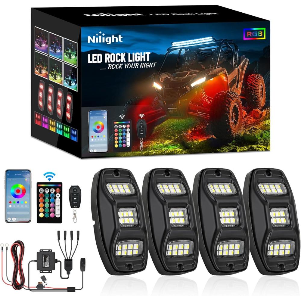 imageNilight RGB LED Rock Lights Kit 4 pods Underglow Multicolor Neon Light Pod with Bluetooth App Control Flashing Music Mode Wheel Well Light for Truck ATV UTV RZR SUVRGBW 22LED
