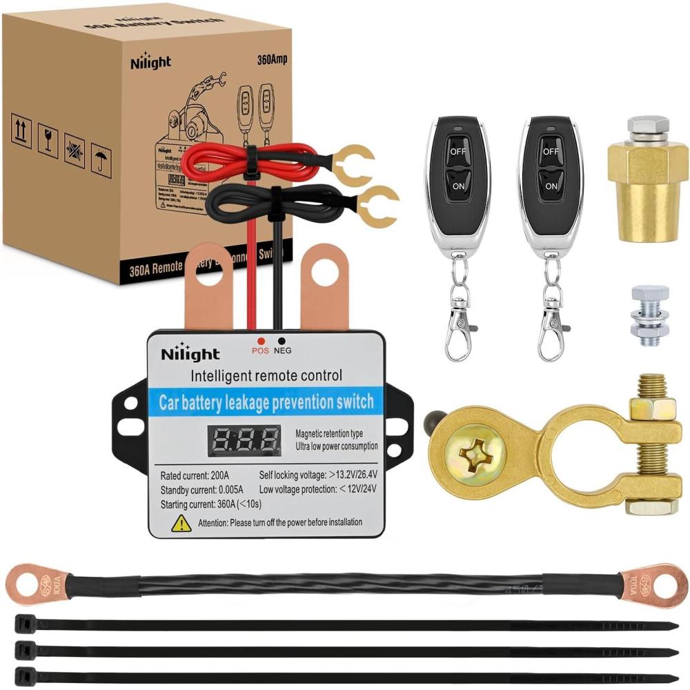 imageNilight Remote Battery Disconnect Switch 12V 250A Car AntiTheft Kill Switches Upgrade Prevent Power Drain with Wireless Remote Control Relay Fobs Black Negative Cable for Auto Truck RV Boat360A with Led VoltageWire