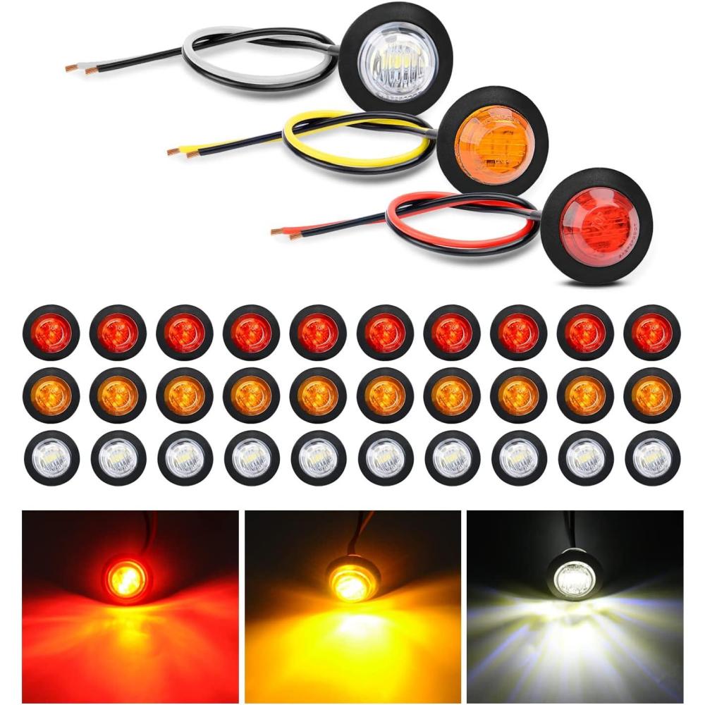 imageNilight TL03 10 PCS 34 Round Clearance LED Front Rear Side Indicator Bullet Marker Light for Truck RV Car Bus Trailer Van Caravan Boat 12V Amber30Pcs Amber Red White