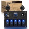 Nilight – 90118H 5 Gang Rocker Switch Panel Pre-Wired Aluminum Switch Panel with Dual USB Cigarette Lighter Socket Voltmeter12V-24V DC Switch Panel with Night Glow Stickers for Cars Rvs Trucks