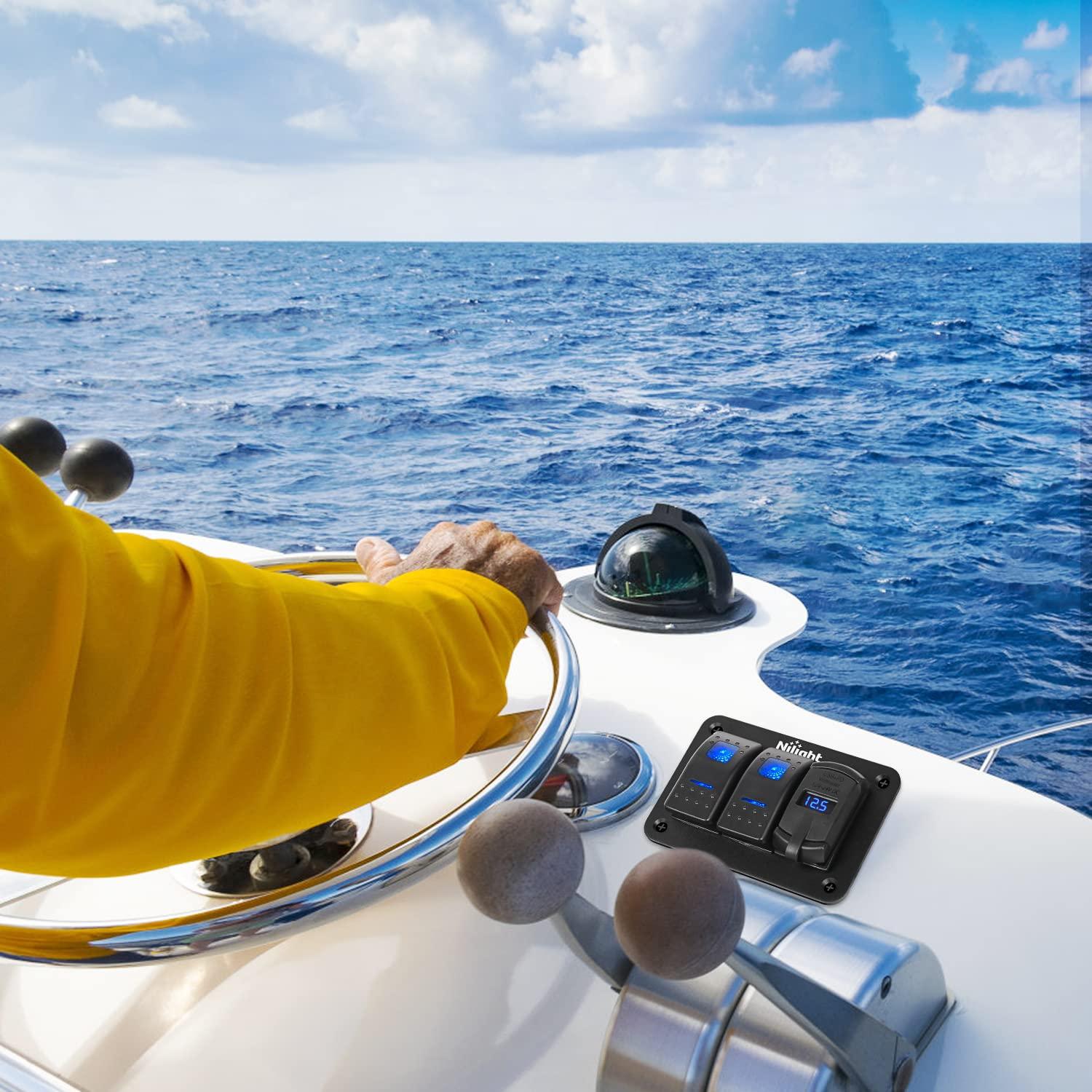 imageNilight 2 Gang Rocker Switch Box 12V SPST ON Off PD Type C and QC 30 USB Charger Voltmeter Waterproof Aluminum Panel DIY Stickers for Boats Cars RVs TrucksType C USB Blue