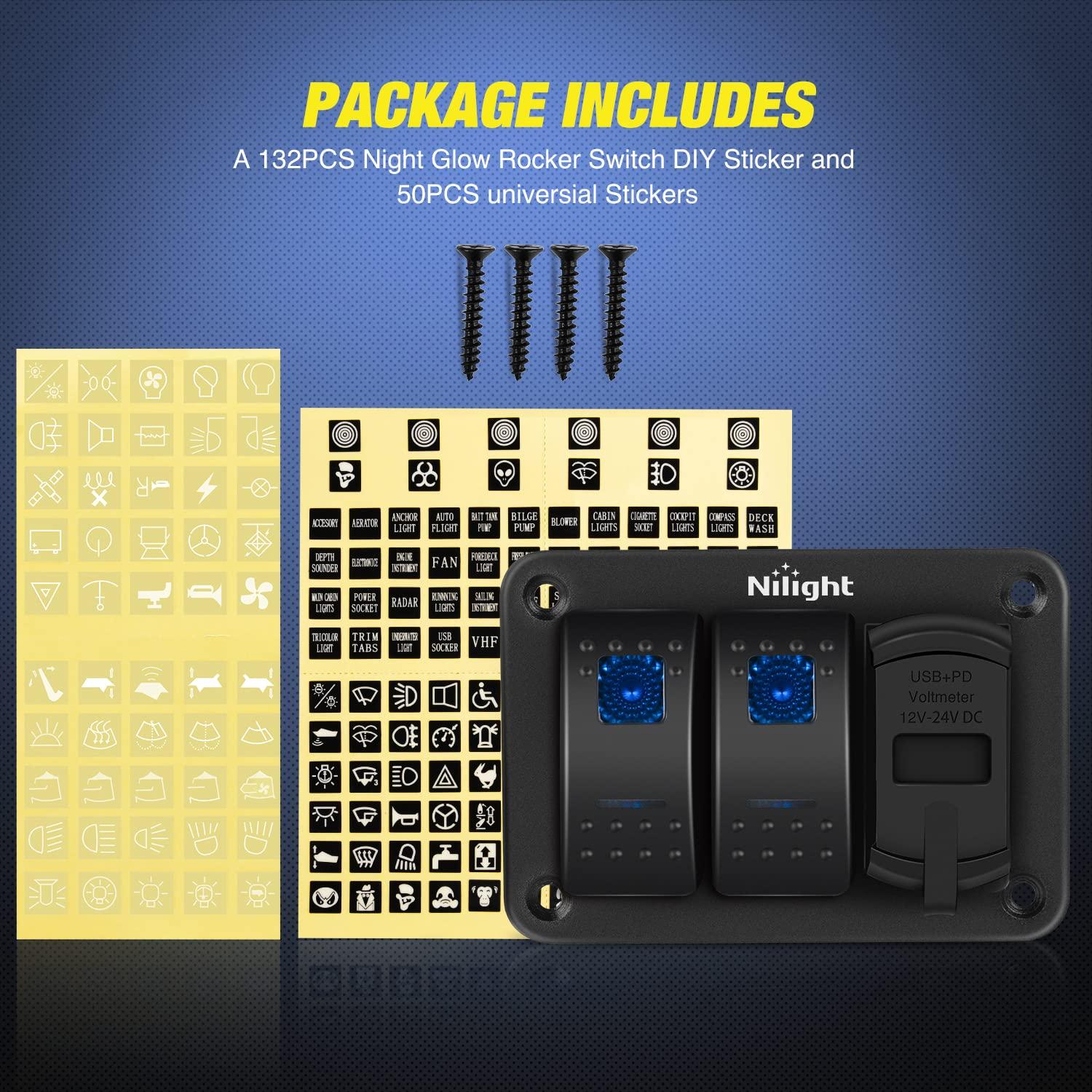 imageNilight 2 Gang Rocker Switch Box 12V SPST ON Off PD Type C and QC 30 USB Charger Voltmeter Waterproof Aluminum Panel DIY Stickers for Boats Cars RVs TrucksType C USB Blue