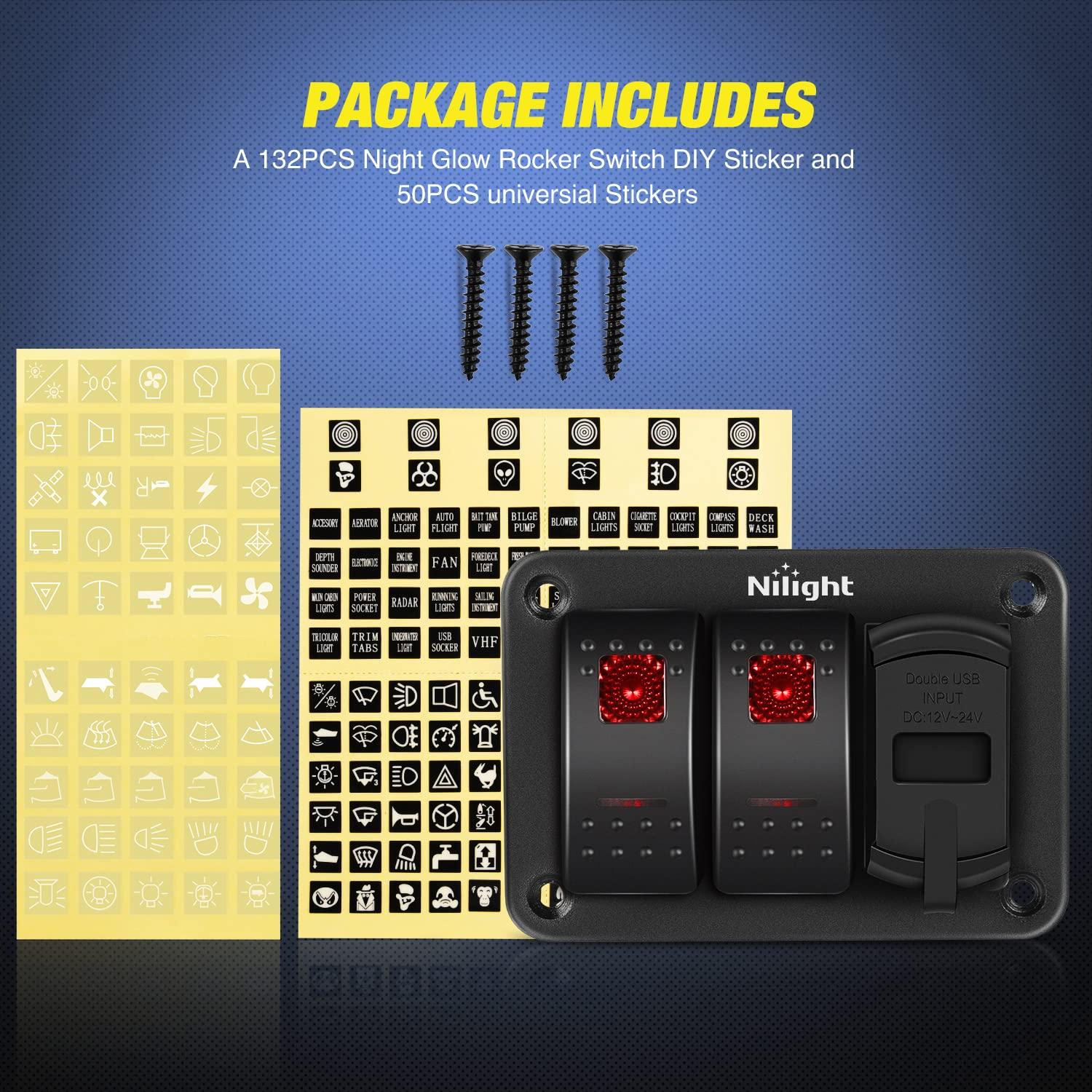 imageNilight 2 Gang Rocker Switch Box 12V SPST ON Off PD Type C and QC 30 USB Charger Voltmeter Waterproof Aluminum Panel DIY Stickers for Boats Cars RVs TrucksRed