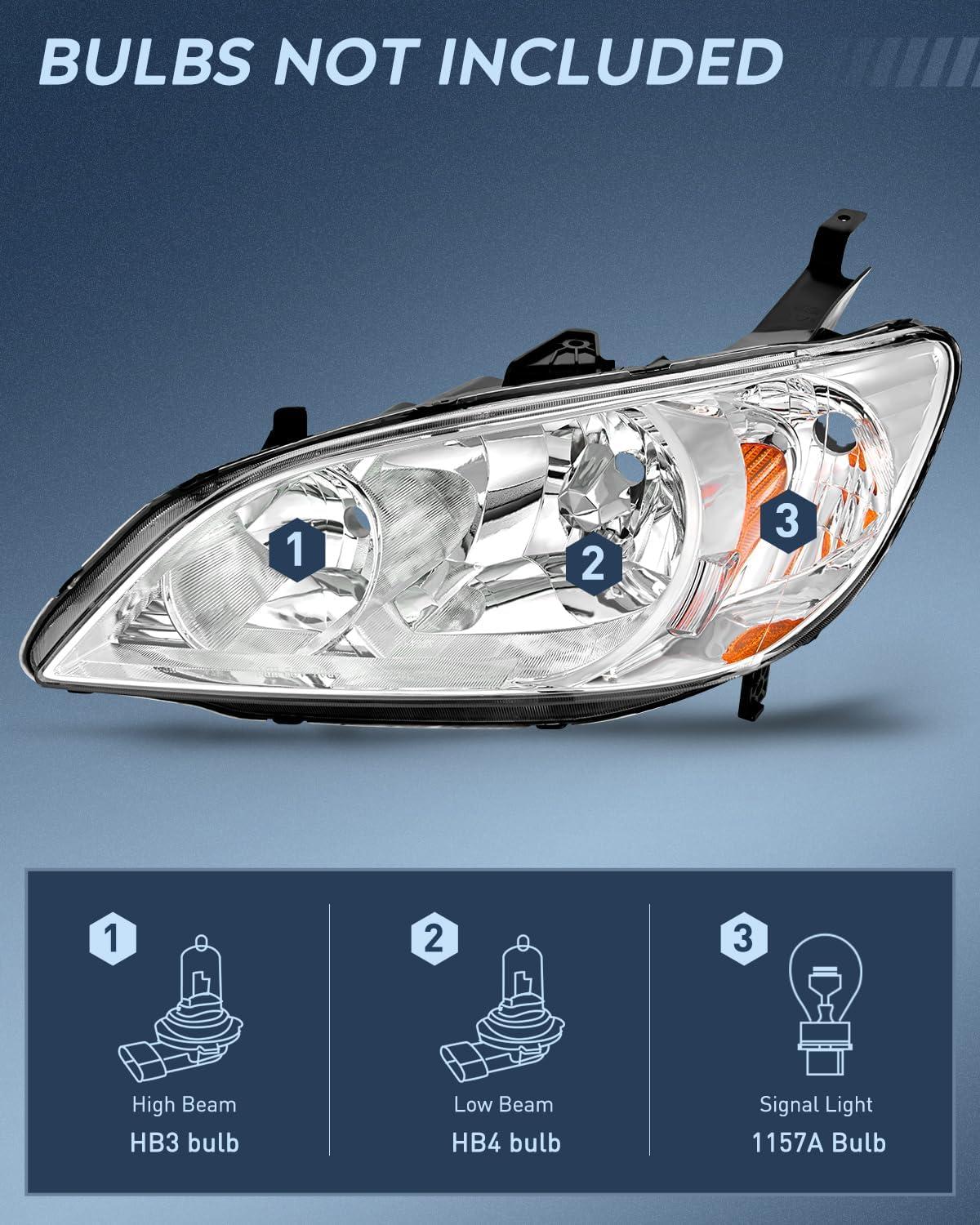 imageNilight 2006 2007 2008 2009 2010 2011 Civic Headlights Amber Sedan 4 Door Only Headlights Assembly Headlamp ReplacementDriver and Passenger SideBlack Housing Amber ReflectorChrome Housing Amber Reflector