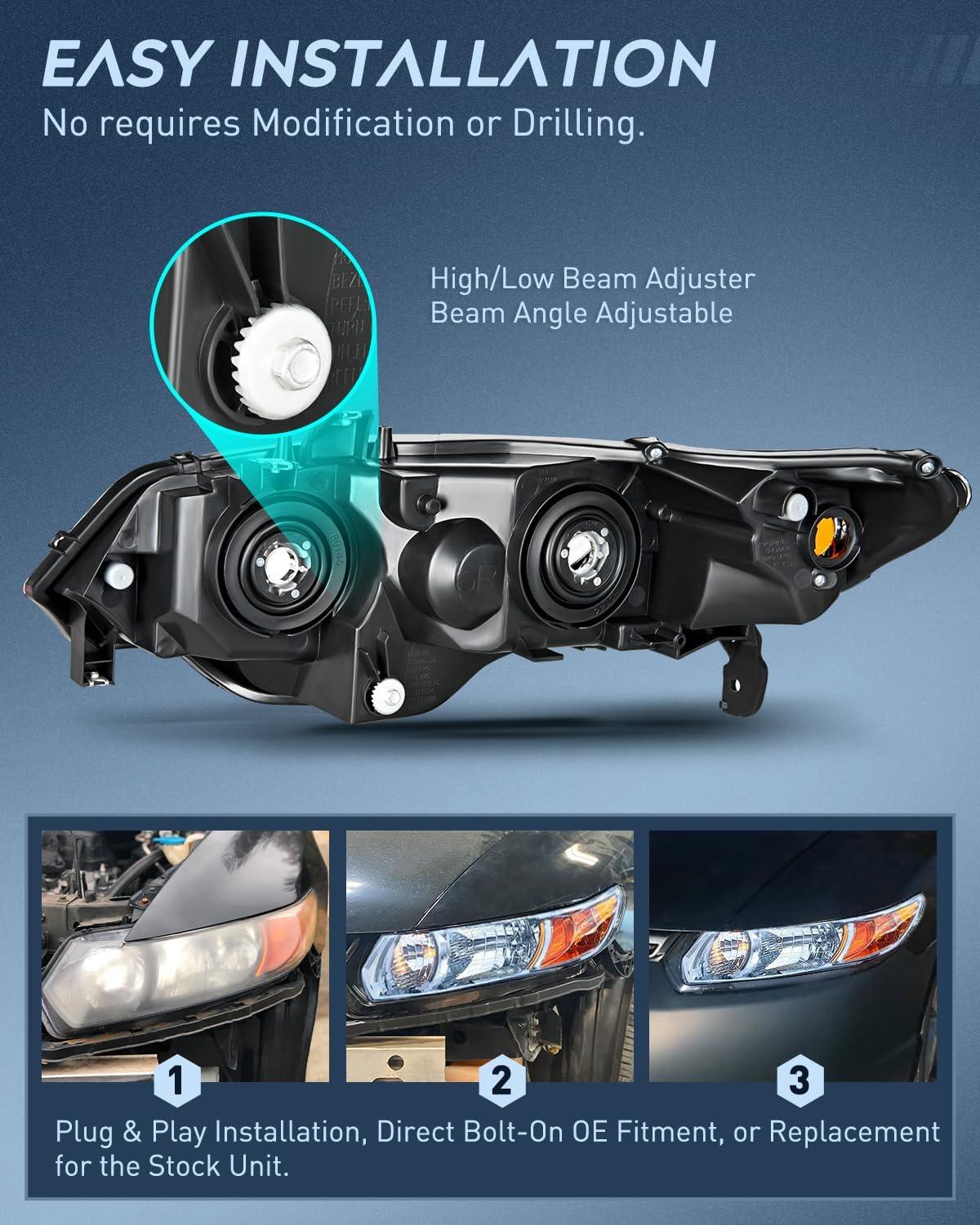 imageNilight 2006 2007 2008 2009 2010 2011 Civic Headlights Amber Sedan 4 Door Only Headlights Assembly Headlamp ReplacementDriver and Passenger SideBlack Housing Amber ReflectorChrome Housing Amber Reflector