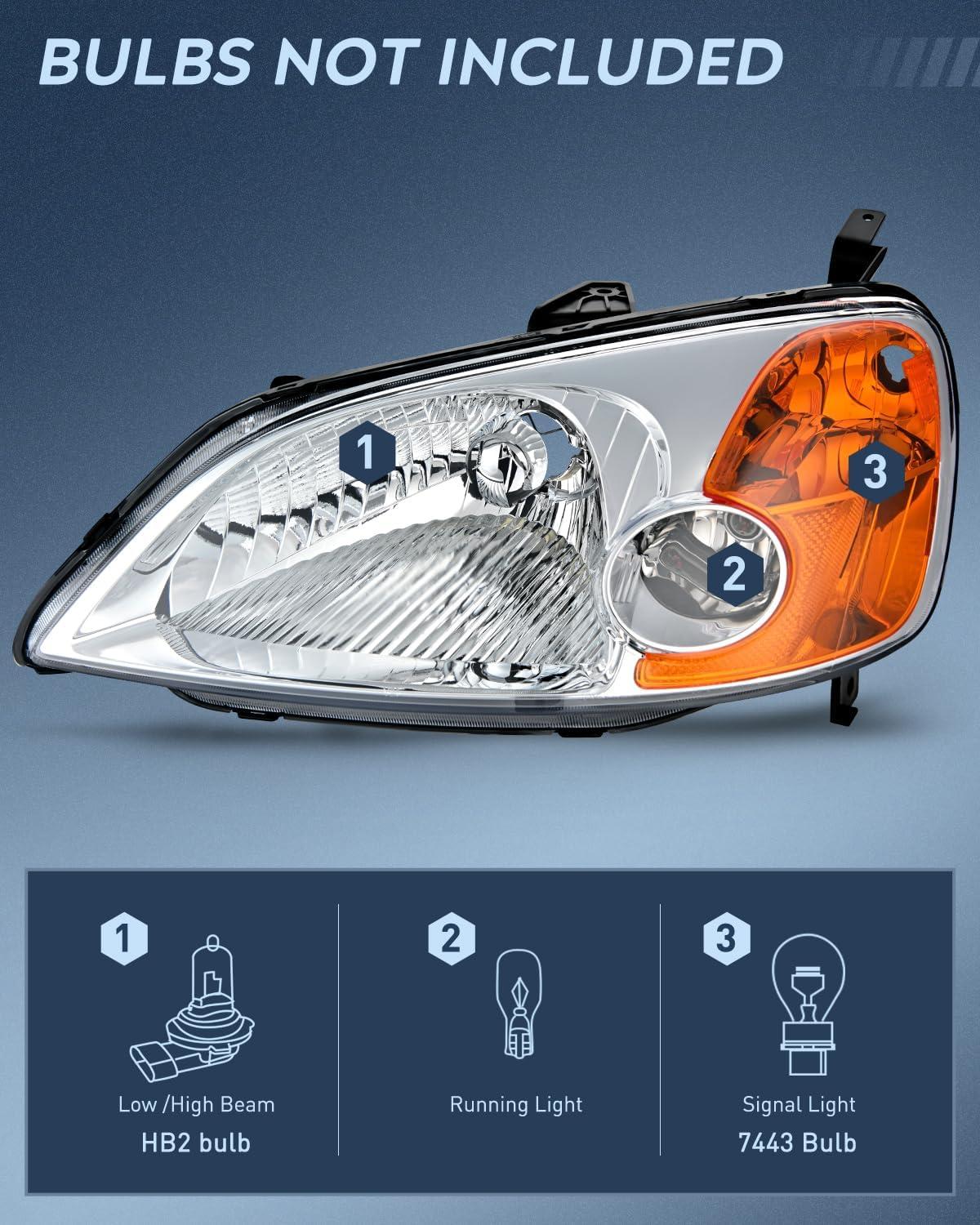 imageNilight 2006 2007 2008 2009 2010 2011 Civic Headlights Amber Sedan 4 Door Only Headlights Assembly Headlamp ReplacementDriver and Passenger SideBlack Housing Amber ReflectorChrome Housing Amber Reflector