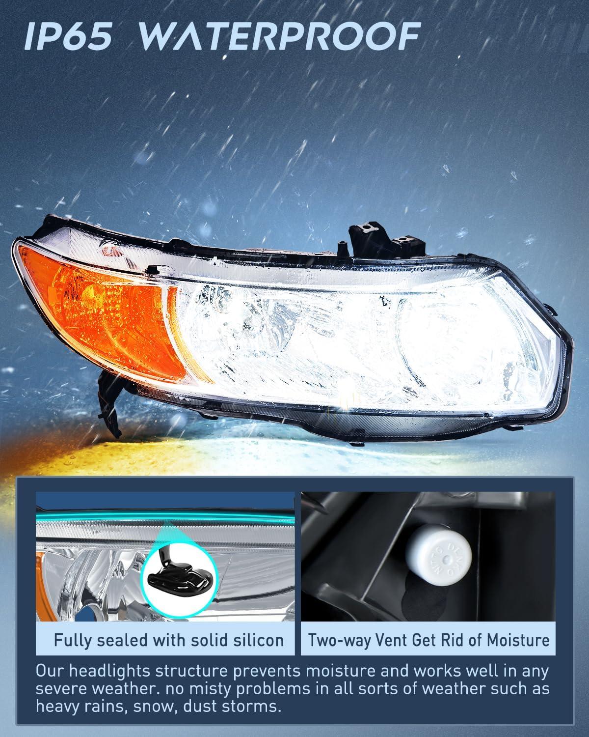 imageNilight 2006 2007 2008 2009 2010 2011 Civic Headlights Amber Sedan 4 Door Only Headlights Assembly Headlamp ReplacementDriver and Passenger SideBlack Housing Amber ReflectorChrome Housing Amber Reflector