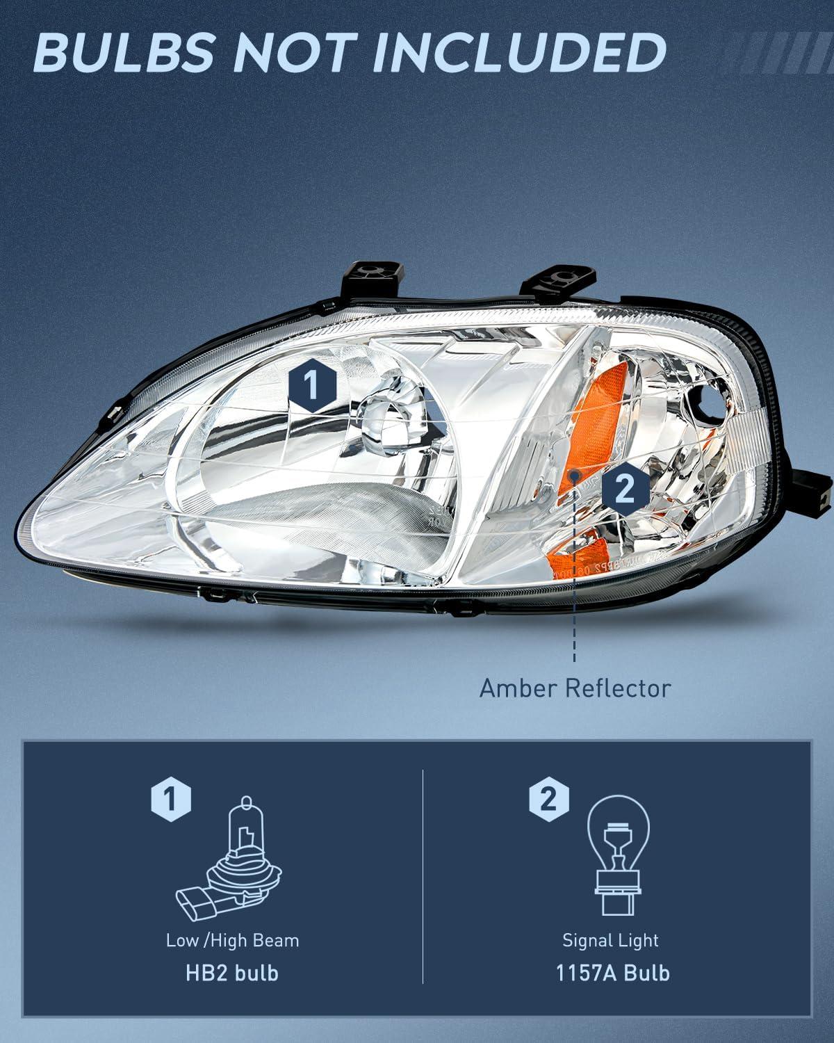 imageNilight 2006 2007 2008 2009 2010 2011 Civic Headlights Amber Sedan 4 Door Only Headlights Assembly Headlamp ReplacementDriver and Passenger SideBlack Housing Amber ReflectorChrome Housing Amber Reflector