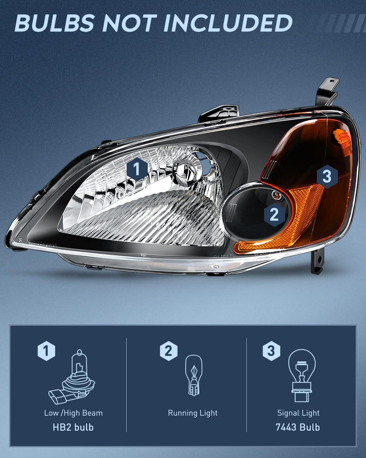 imageNilight 2006 2007 2008 2009 2010 2011 Civic Headlights Amber Sedan 4 Door Only Headlights Assembly Headlamp ReplacementDriver and Passenger SideBlack Housing Amber ReflectorBlack Housing Amber Reflector