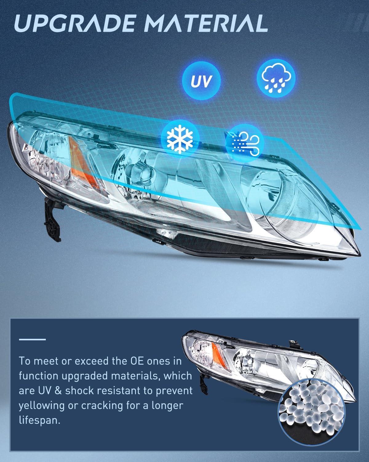 imageNilight 2006 2007 2008 2009 2010 2011 Civic Headlights Amber Sedan 4 Door Only Headlights Assembly Headlamp ReplacementDriver and Passenger SideBlack Housing Amber ReflectorChrome Housing Amber Reflector