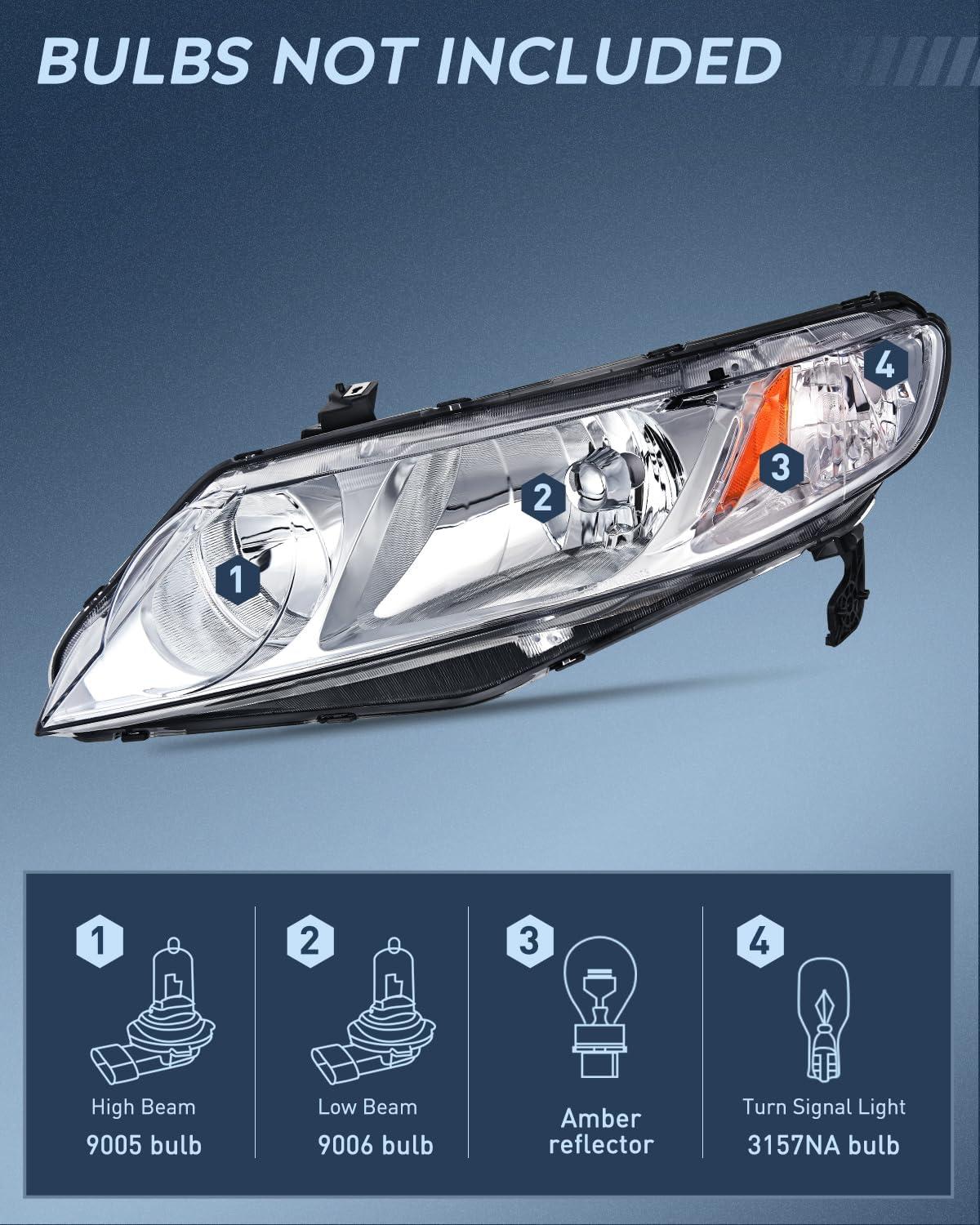 imageNilight 2006 2007 2008 2009 2010 2011 Civic Headlights Amber Sedan 4 Door Only Headlights Assembly Headlamp ReplacementDriver and Passenger SideBlack Housing Amber ReflectorChrome Housing Amber Reflector