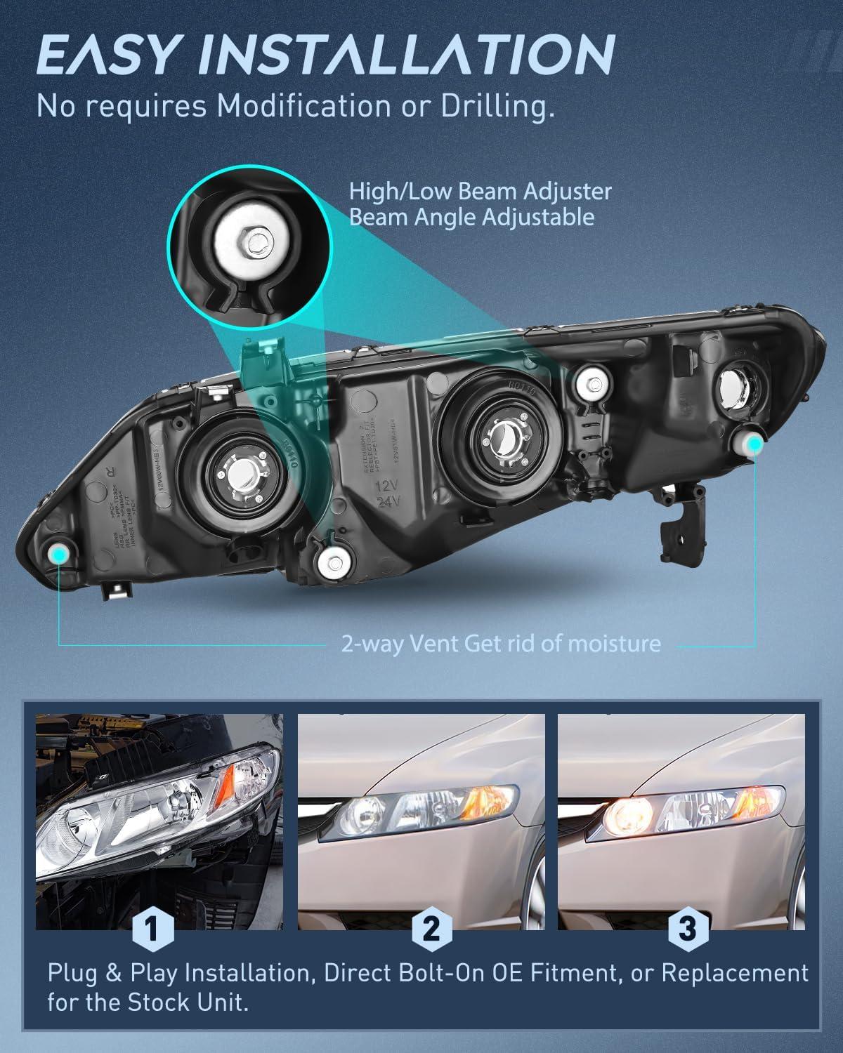 imageNilight 2006 2007 2008 2009 2010 2011 Civic Headlights Amber Sedan 4 Door Only Headlights Assembly Headlamp ReplacementDriver and Passenger SideBlack Housing Amber ReflectorChrome Housing Amber Reflector