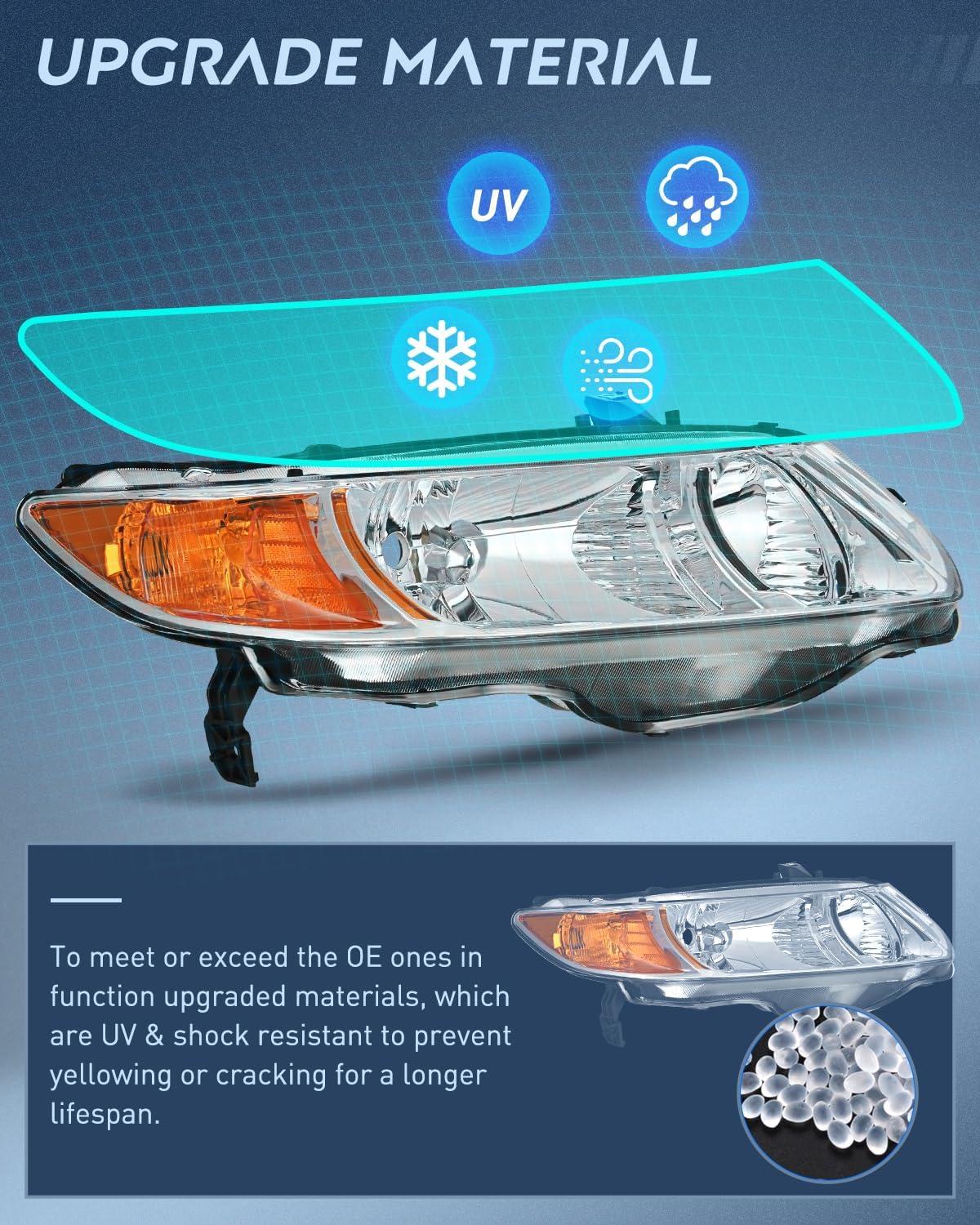 imageNilight 2006 2007 2008 2009 2010 2011 Civic Headlights Amber Sedan 4 Door Only Headlights Assembly Headlamp ReplacementDriver and Passenger SideBlack Housing Amber ReflectorChrome Housing Amber Reflector