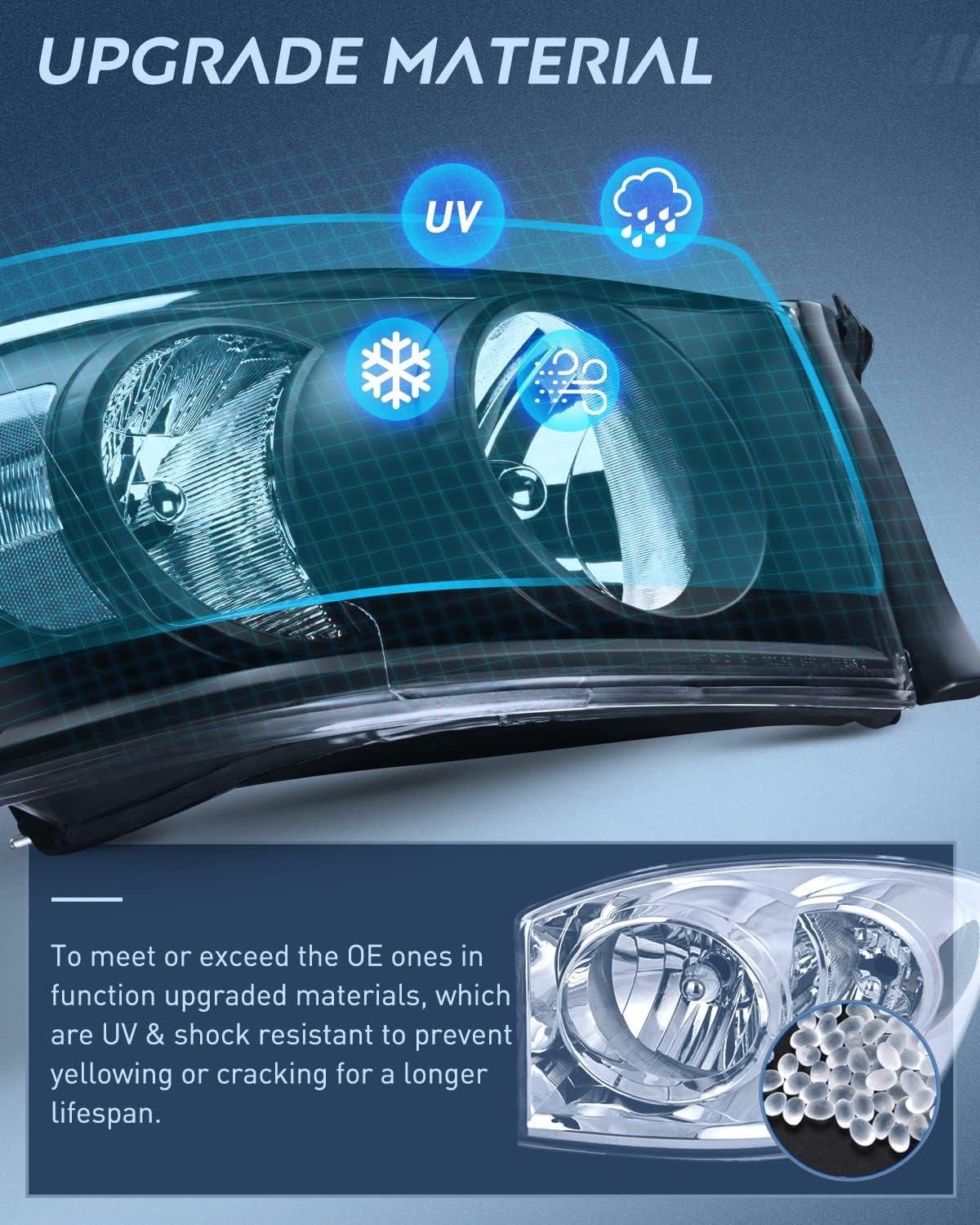 imageNilight 2007 2008 2009 Dodge Ram Headlight Assembly 2 Pack Compatible with 20062008 Dodge Ram 1500 20062009 Dodge Ram 2500 3500 Headlamp Replacement Driver and Passenger SideBlack Housing Clear Reflector