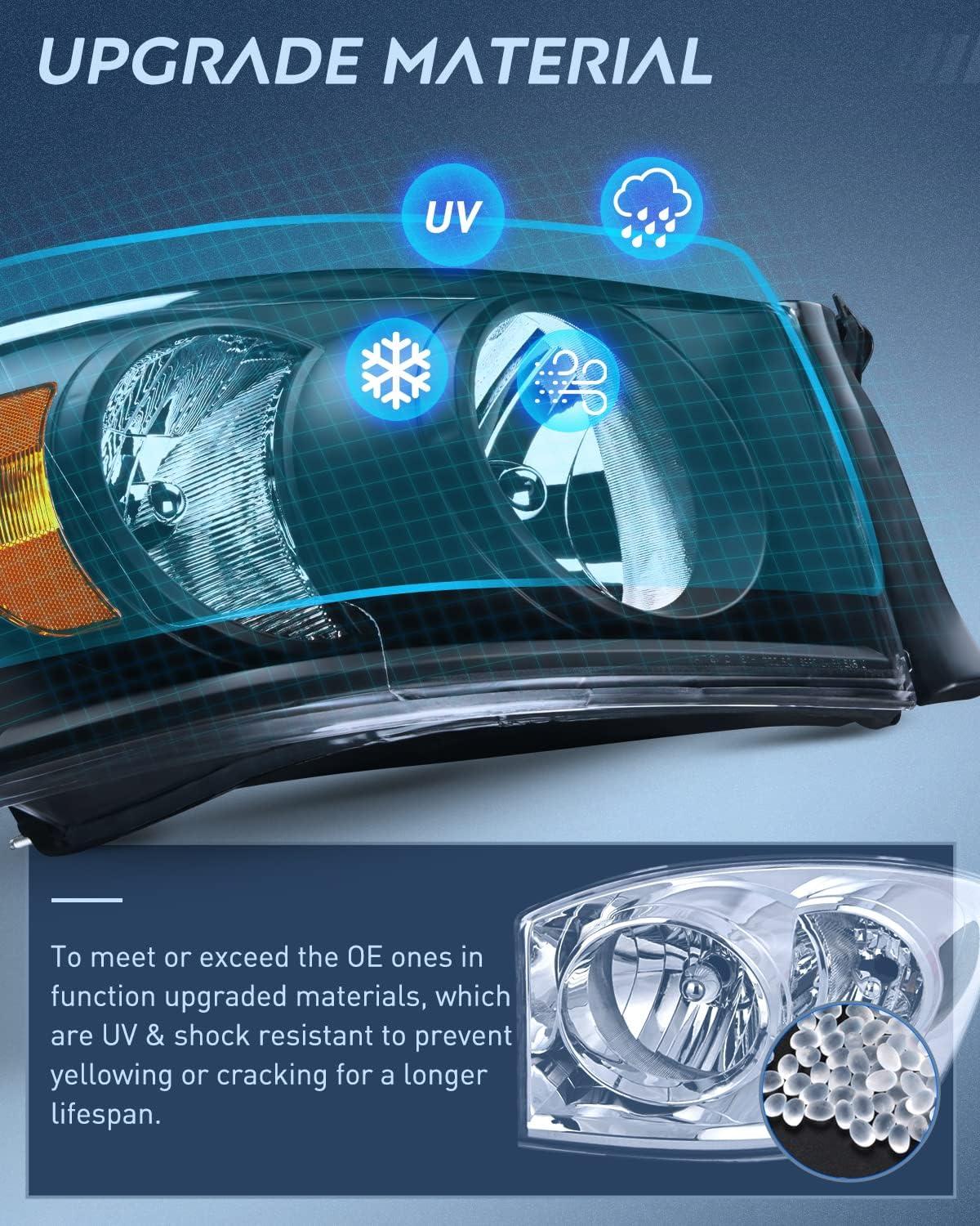 imageNilight 2007 2008 2009 Dodge Ram Headlight Assembly 2 Pack Compatible with 20062008 Dodge Ram 1500 20062009 Dodge Ram 2500 3500 Headlamp Replacement Driver and Passenger SideBlack Housing Amber Reflector