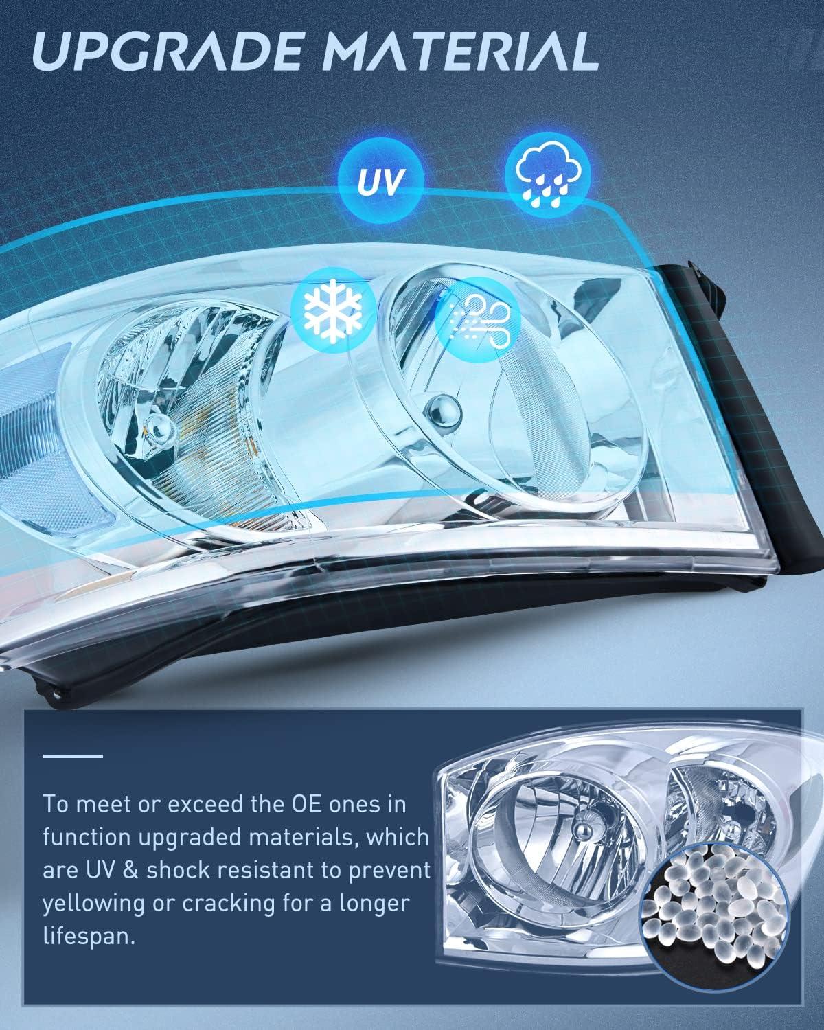 imageNilight 2007 2008 2009 Dodge Ram Headlight Assembly 2 Pack Compatible with 20062008 Dodge Ram 1500 20062009 Dodge Ram 2500 3500 Headlamp Replacement Driver and Passenger SideChrome Housing Clear Reflector