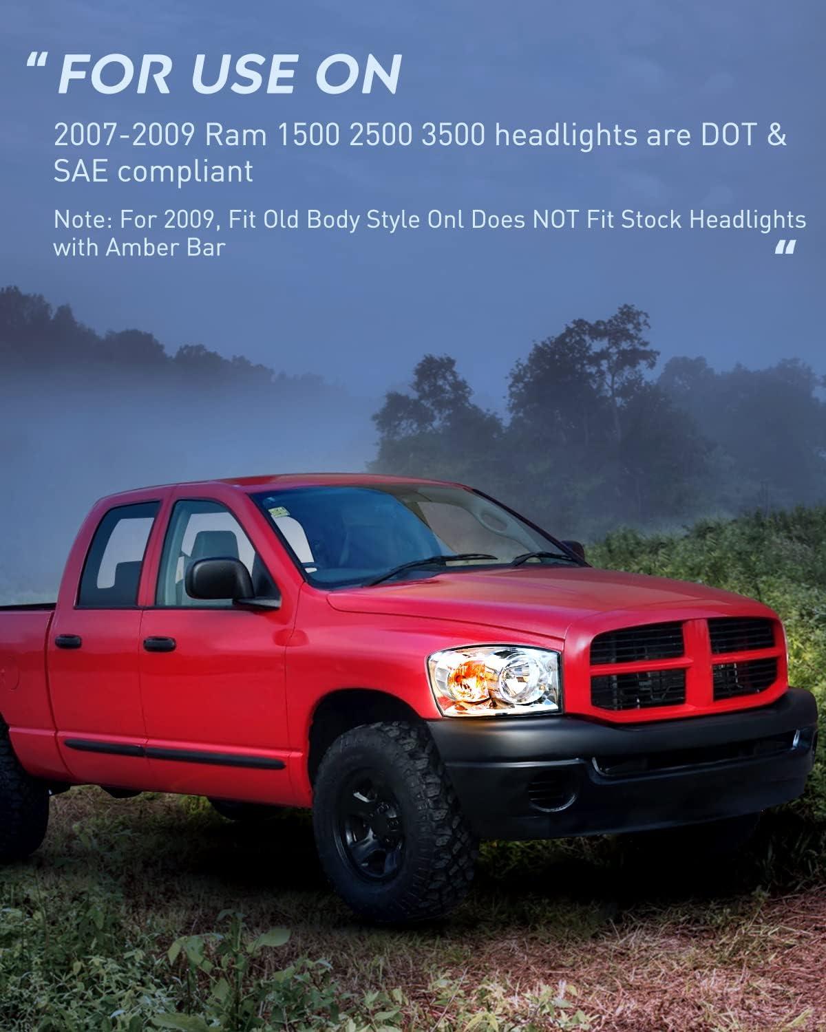 imageNilight 2007 2008 2009 Dodge Ram Headlight Assembly 2 Pack Compatible with 20062008 Dodge Ram 1500 20062009 Dodge Ram 2500 3500 Headlamp Replacement Driver and Passenger SideChrome Housing Clear Reflector