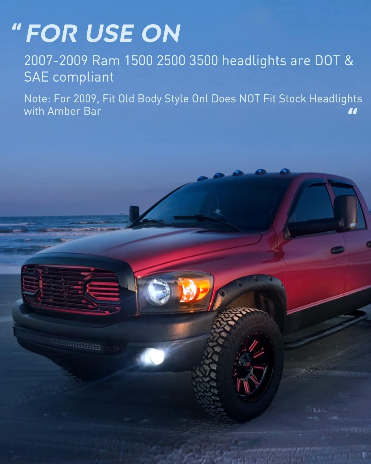 imageNilight 2007 2008 2009 Dodge Ram Headlight Assembly 2 Pack Compatible with 20062008 Dodge Ram 1500 20062009 Dodge Ram 2500 3500 Headlamp Replacement Driver and Passenger SideBlack Housing Amber Reflector