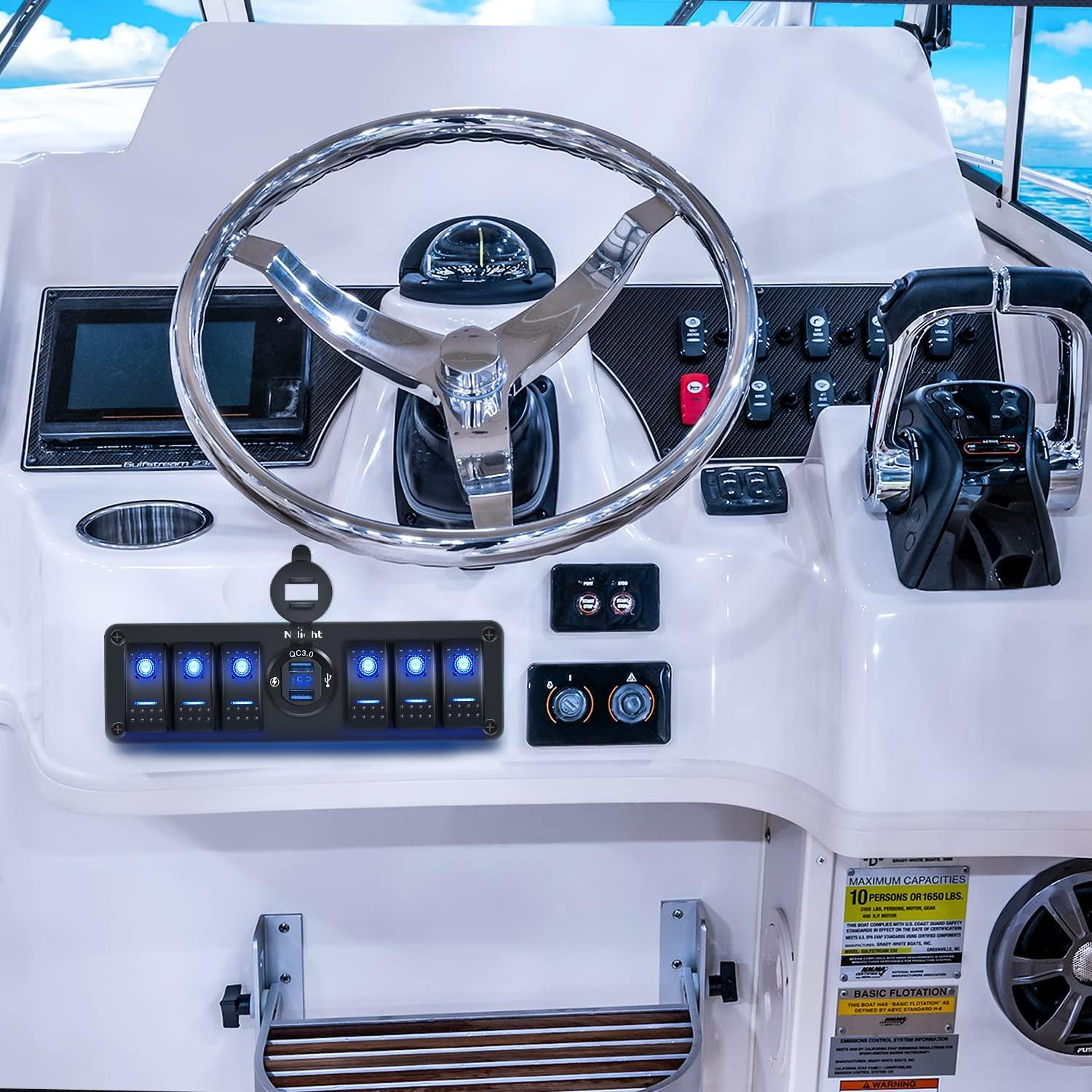 imageNilight 6 Gang Rocker Switch 12V SPST ON Off Switch QC 30 USB Charger Voltmeter Waterproof Aluminum Rocker Switch Panel Night Glow Stickers for Boats Cars RVs Trucks 2 Years WarrantyBlueDual USB 6Gang Switch Blue