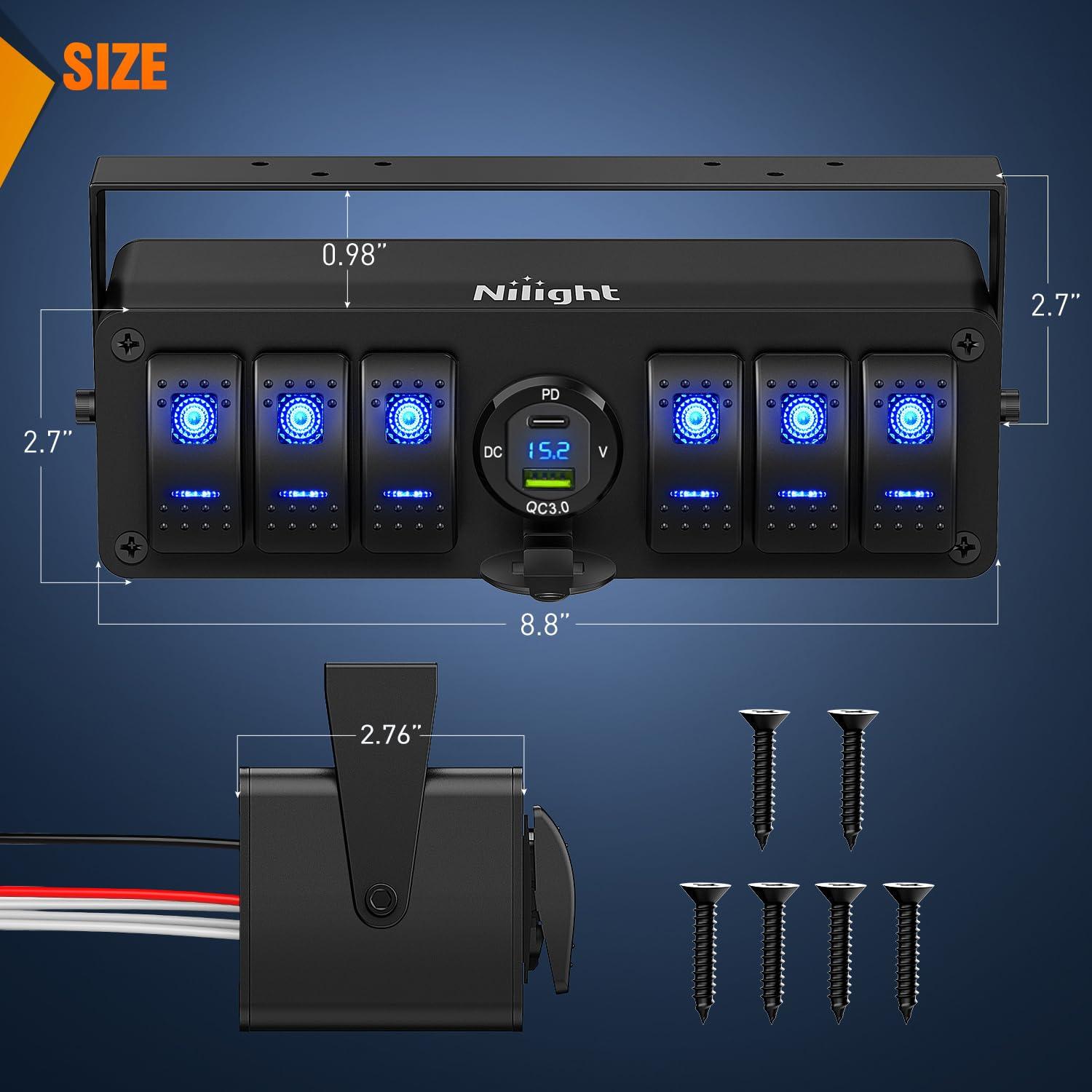 imageNilight 6 Gang Rocker Switch 12V SPST ON Off Switch QC 30 USB Charger Voltmeter Waterproof Aluminum Rocker Switch Panel Night Glow Stickers for Boats Cars RVs Trucks 2 Years WarrantyBlueType C USB Box 6Gang Switch Blue