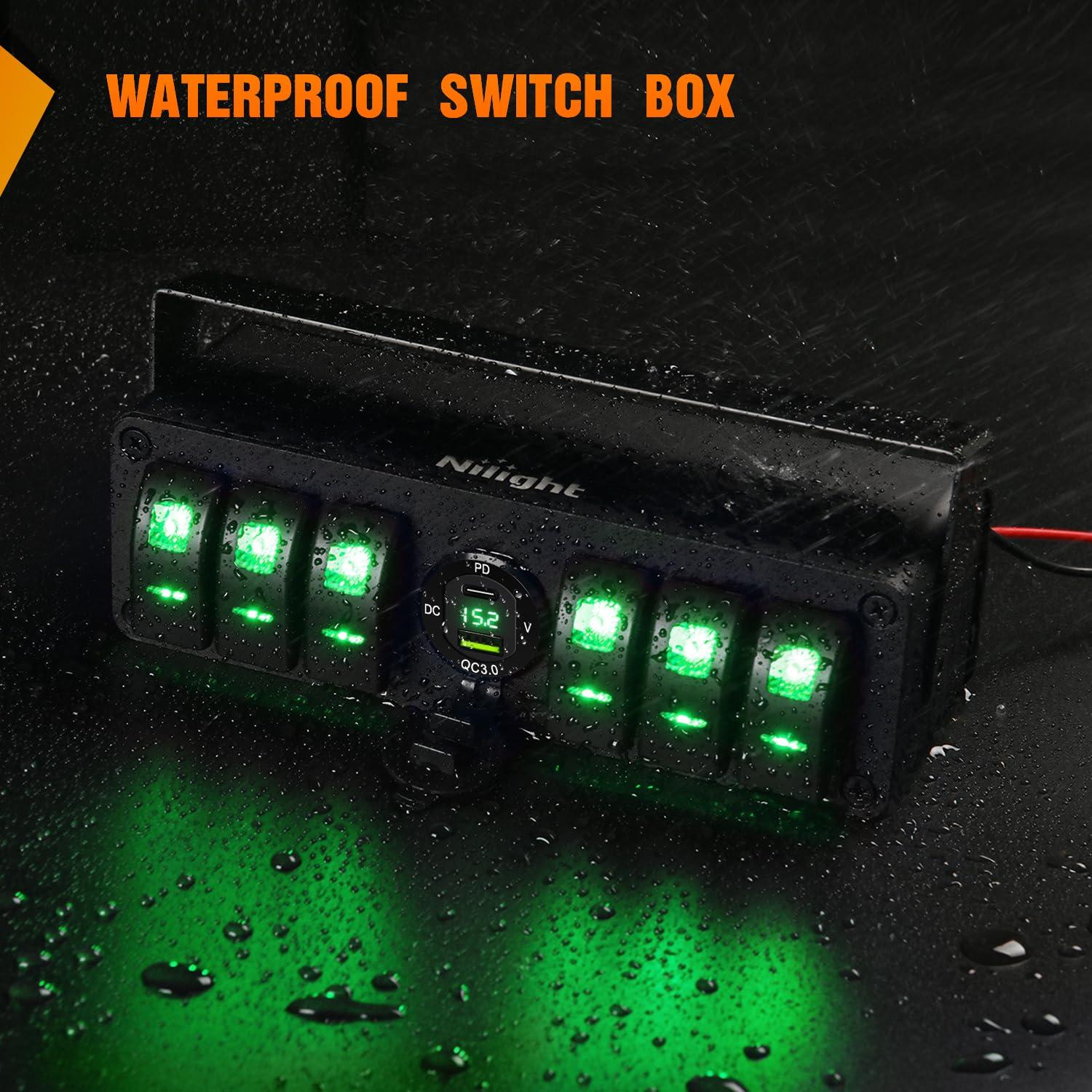 imageNilight 6 Gang Rocker Switch 12V SPST ON Off Switch QC 30 USB Charger Voltmeter Waterproof Aluminum Rocker Switch Panel Night Glow Stickers for Boats Cars RVs Trucks 2 Years WarrantyBlueType C USB Box 6Gang Switch Green