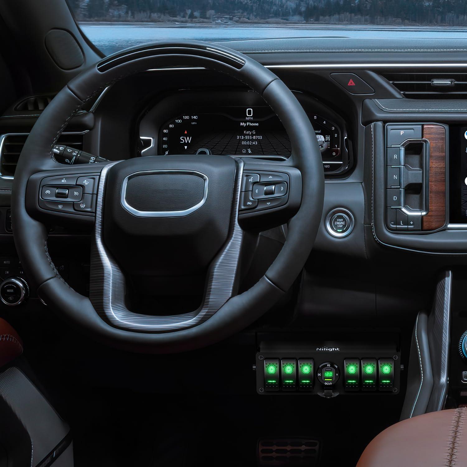 imageNilight 6 Gang Rocker Switch 12V SPST ON Off Switch QC 30 USB Charger Voltmeter Waterproof Aluminum Rocker Switch Panel Night Glow Stickers for Boats Cars RVs Trucks 2 Years WarrantyBlueType C USB Box 6Gang Switch Green