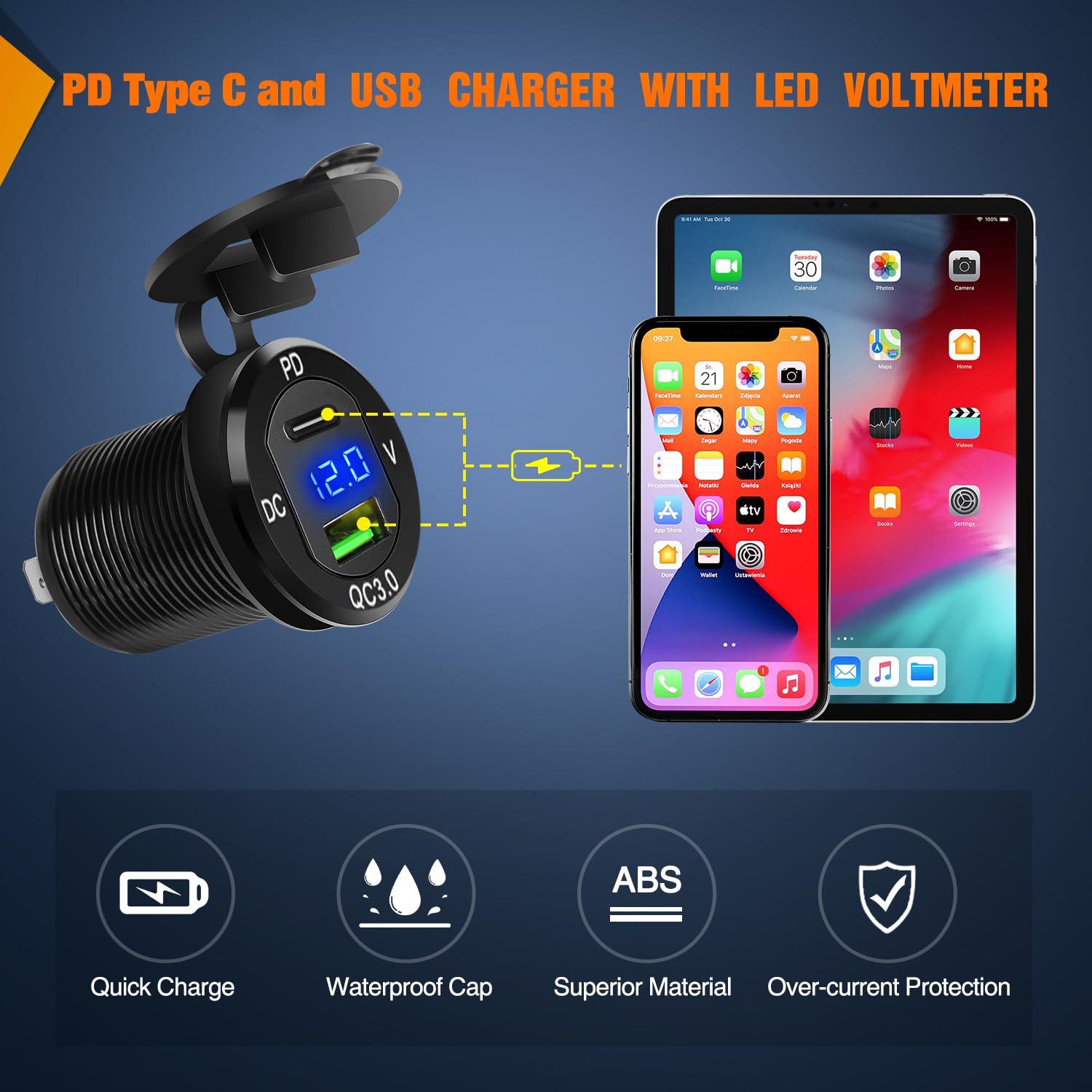 imageNilight 6 Gang Rocker Switch 12V SPST ON Off Switch QC 30 USB Charger Voltmeter Waterproof Aluminum Rocker Switch Panel Night Glow Stickers for Boats Cars RVs Trucks 2 Years WarrantyBlueType C USB Box 6Gang Switch Blue