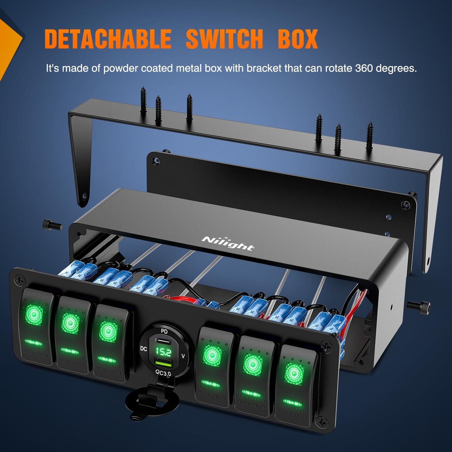 imageNilight 6 Gang Rocker Switch 12V SPST ON Off Switch QC 30 USB Charger Voltmeter Waterproof Aluminum Rocker Switch Panel Night Glow Stickers for Boats Cars RVs Trucks 2 Years WarrantyBlueType C USB Box 6Gang Switch Green