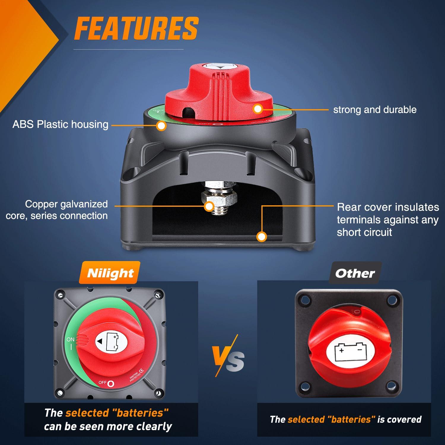 imageNilight Battery Disconnect Switch 50A Master Disconnect Isolator 12V48V On Off Power Cutoff Switch Waterproof Heavy Duty for Marine Boat Car RV ATV UTV Yacht 2 Years WarrantyOnOff Switch 600A