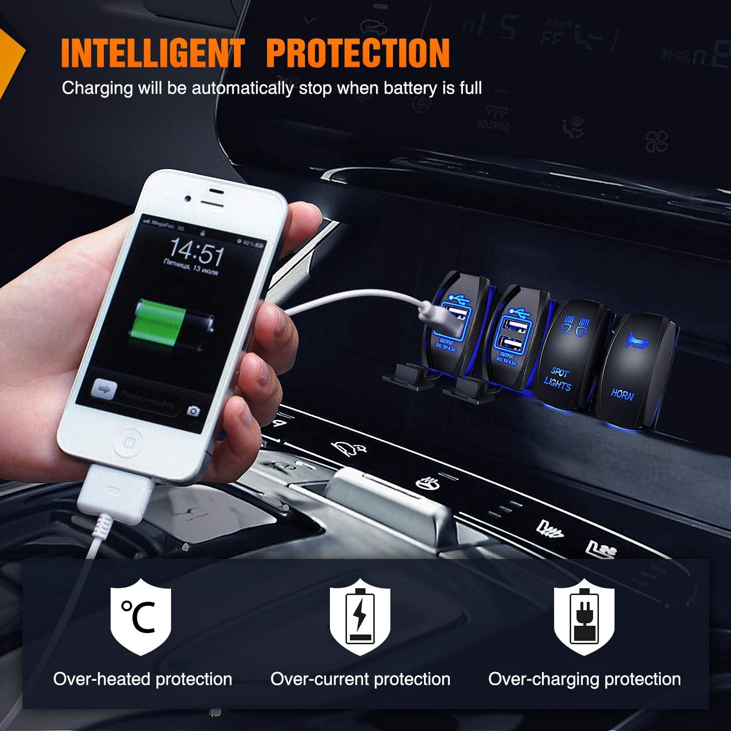 imageNilight Dual USB 42A Rocker Switch Style 12V24V Fast Socket Waterproof Quick for Cars Boats Trucks RVs 2 Years Warranty BlueDual USB