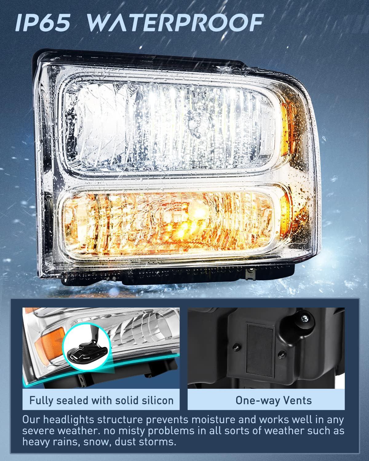 imageNilight Headlight Assembly 2005 2006 2007 F250 F350 F450 F550 Super Duty Black Housing Amber Corner Clear Lens 4 Pack Headlights Assembly ReplacementChrome Housing Amber Reflector