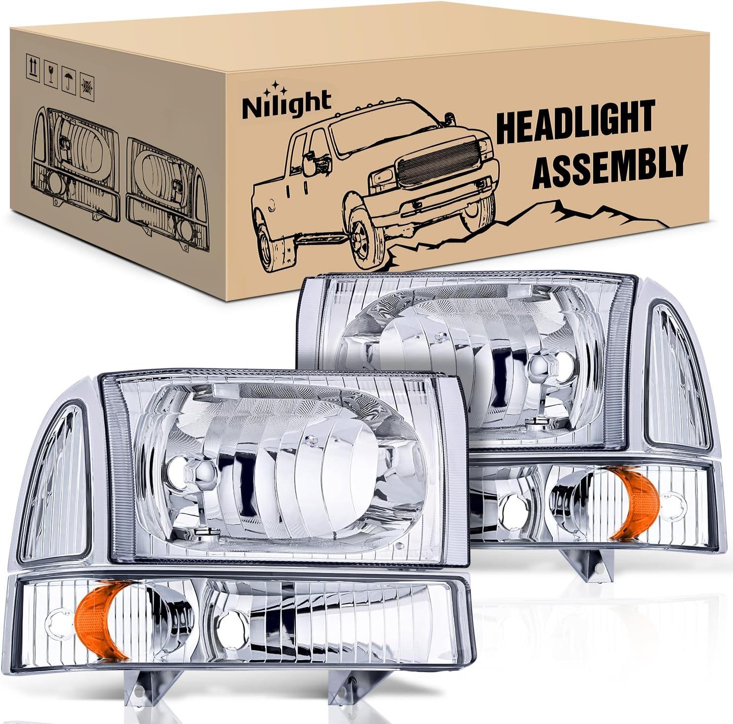 imageNilight Headlight Assembly 2005 2006 2007 F250 F350 F450 F550 Super Duty Black Housing Amber Corner Clear Lens 4 Pack Headlights Assembly ReplacementChrome Housing Amber Reflector
