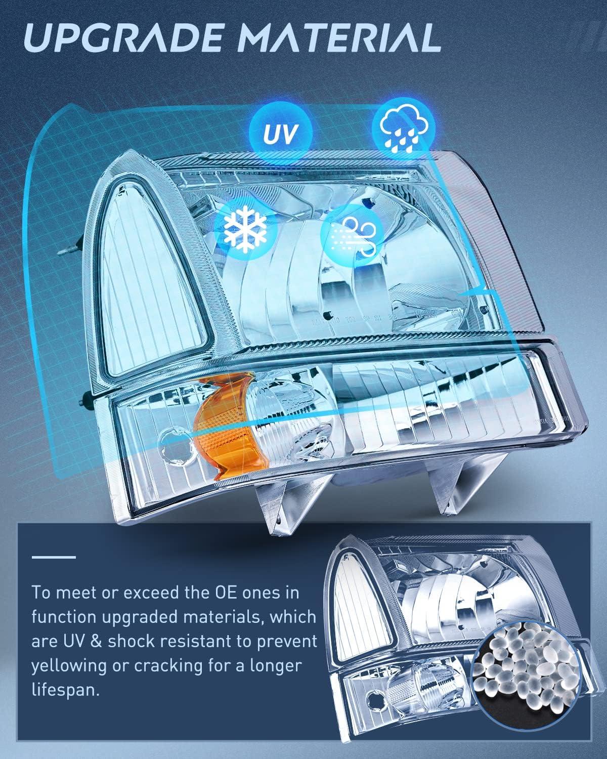 imageNilight Headlight Assembly 2005 2006 2007 F250 F350 F450 F550 Super Duty Black Housing Amber Corner Clear Lens 4 Pack Headlights Assembly ReplacementChrome Housing Amber Reflector