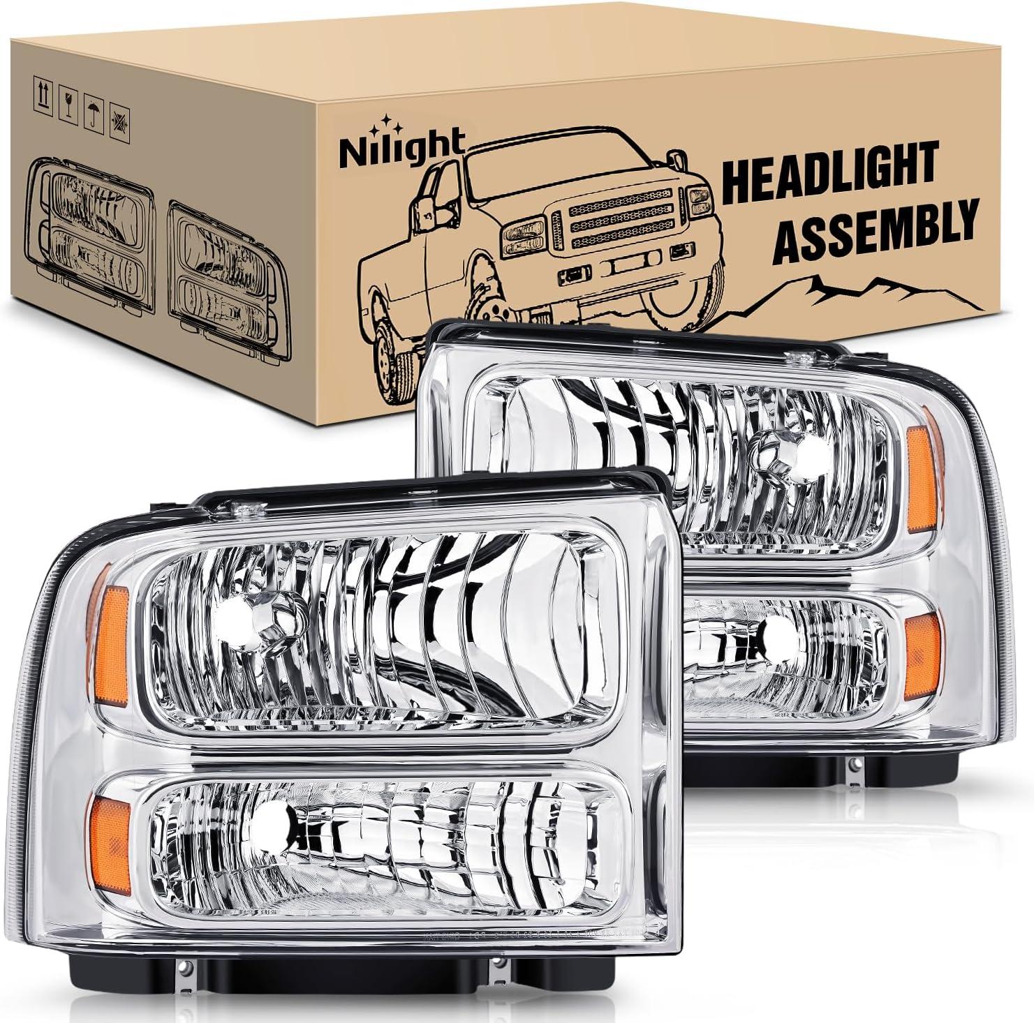 imageNilight Headlight Assembly 2005 2006 2007 F250 F350 F450 F550 Super Duty Black Housing Amber Corner Clear Lens 4 Pack Headlights Assembly ReplacementChrome Housing Amber Reflector