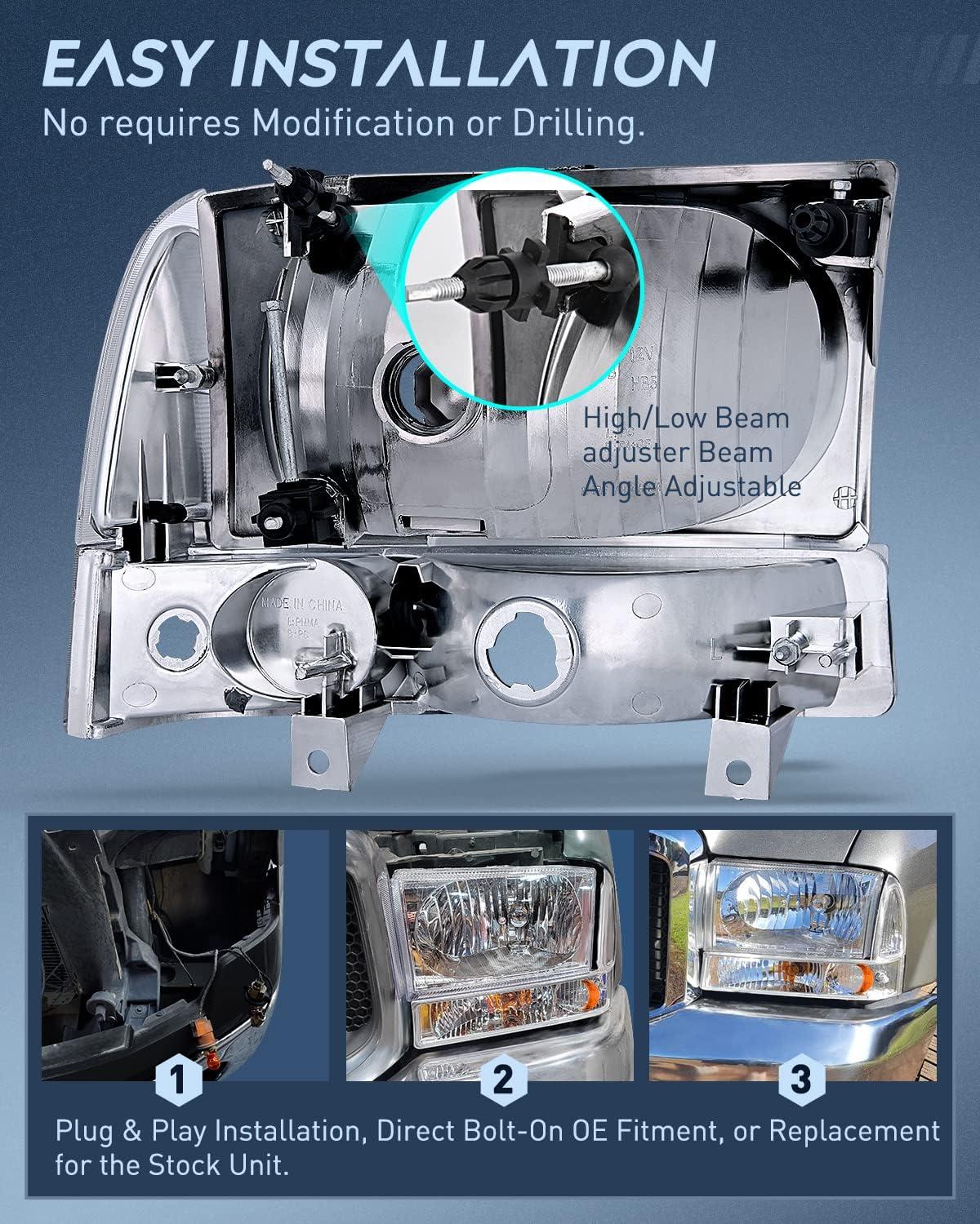 imageNilight Headlight Assembly 2005 2006 2007 F250 F350 F450 F550 Super Duty Black Housing Amber Corner Clear Lens 4 Pack Headlights Assembly ReplacementChrome Housing Amber Reflector