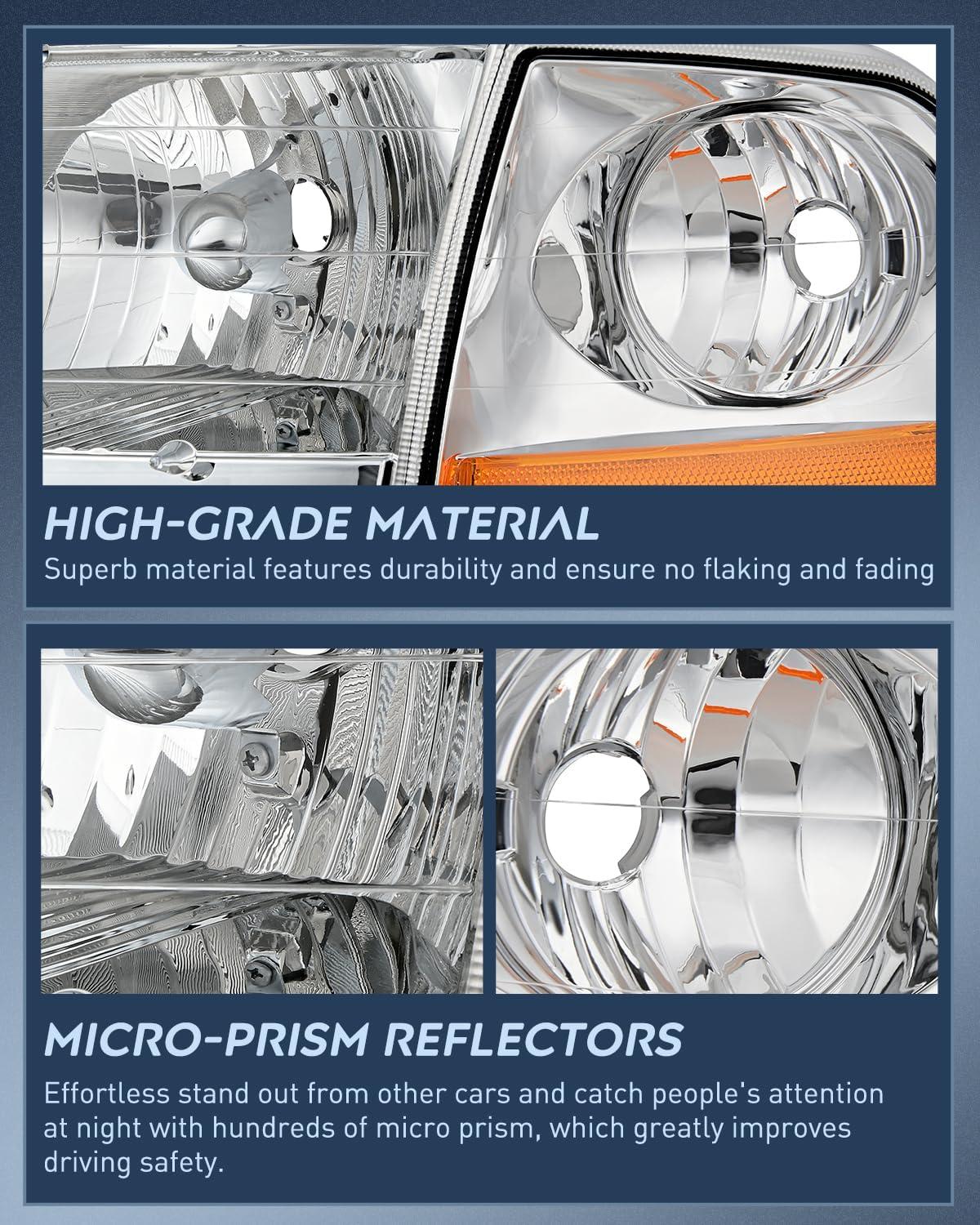 imageNilight Headlight Assembly 2005 2006 2007 F250 F350 F450 F550 Super Duty Black Housing Amber Corner Clear Lens 4 Pack Headlights Assembly ReplacementChrome Housing Amber Reflector