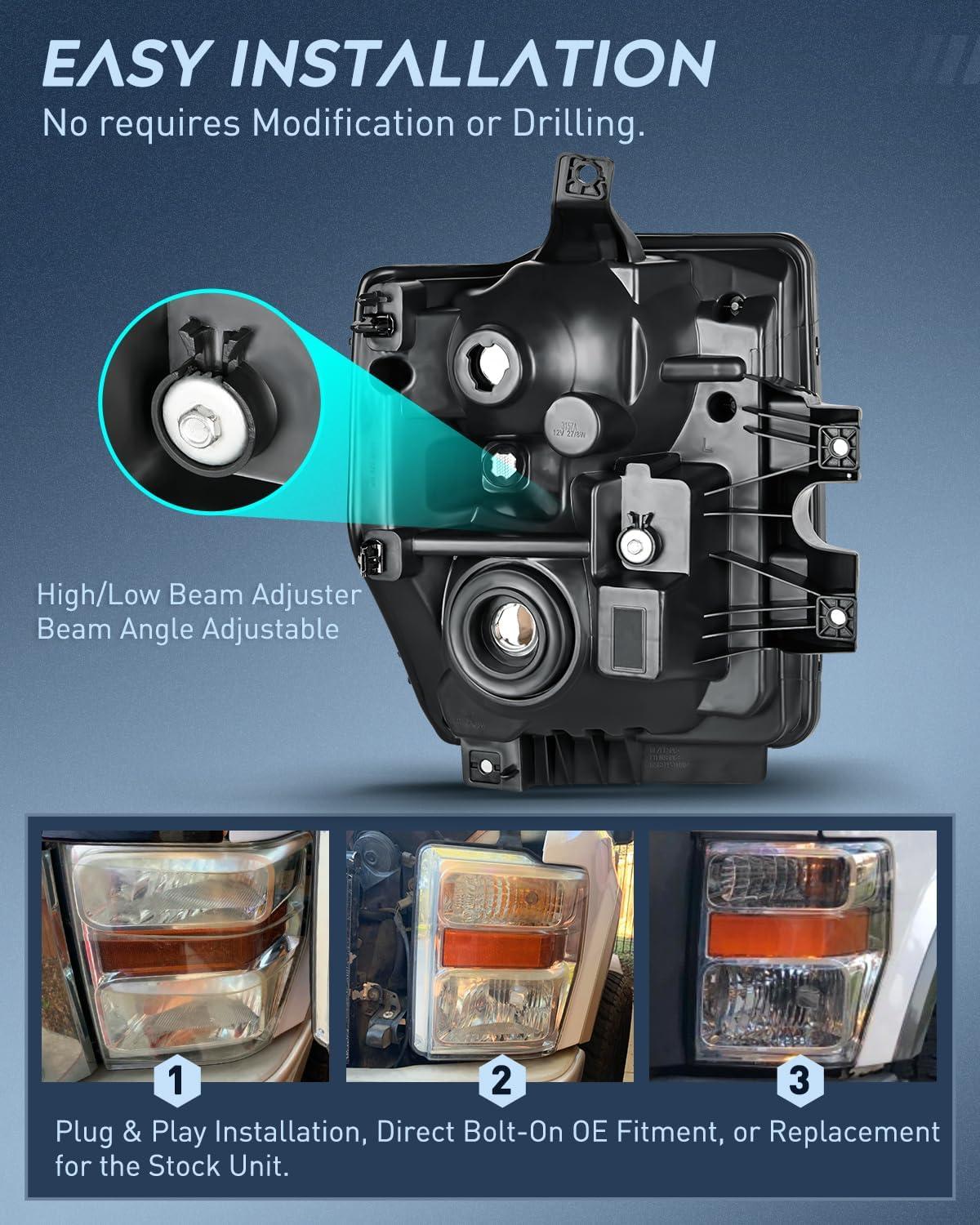imageNilight Headlight Assembly 2005 2006 2007 F250 F350 F450 F550 Super Duty Black Housing Amber Corner Clear Lens 4 Pack Headlights Assembly ReplacementChrome Housing Amber Reflector