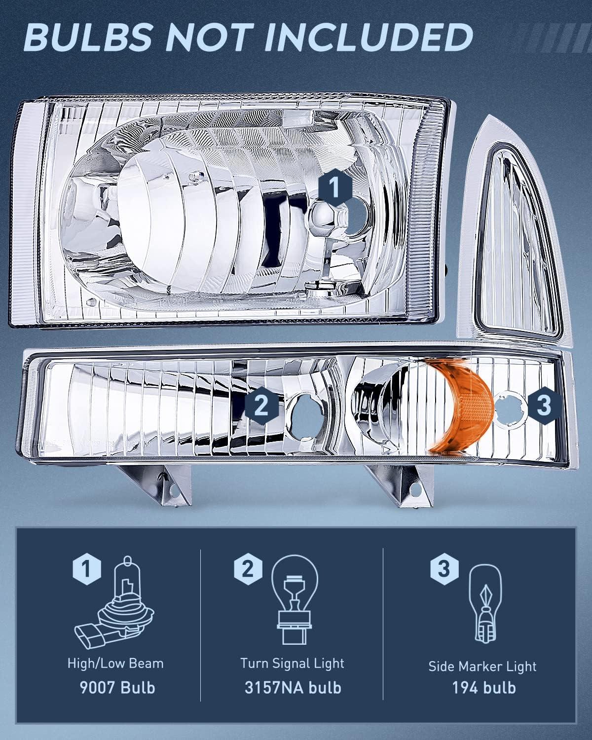imageNilight Headlight Assembly 2005 2006 2007 F250 F350 F450 F550 Super Duty Black Housing Amber Corner Clear Lens 4 Pack Headlights Assembly ReplacementChrome Housing Amber Reflector