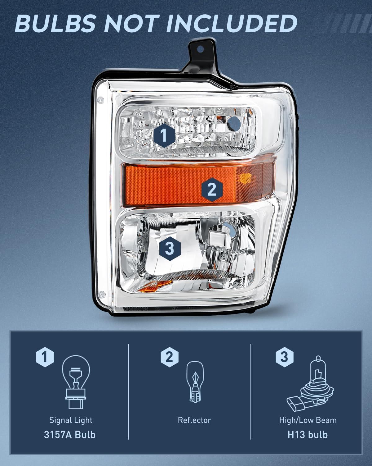 imageNilight Headlight Assembly 2005 2006 2007 F250 F350 F450 F550 Super Duty Black Housing Amber Corner Clear Lens 4 Pack Headlights Assembly ReplacementChrome Housing Amber Reflector
