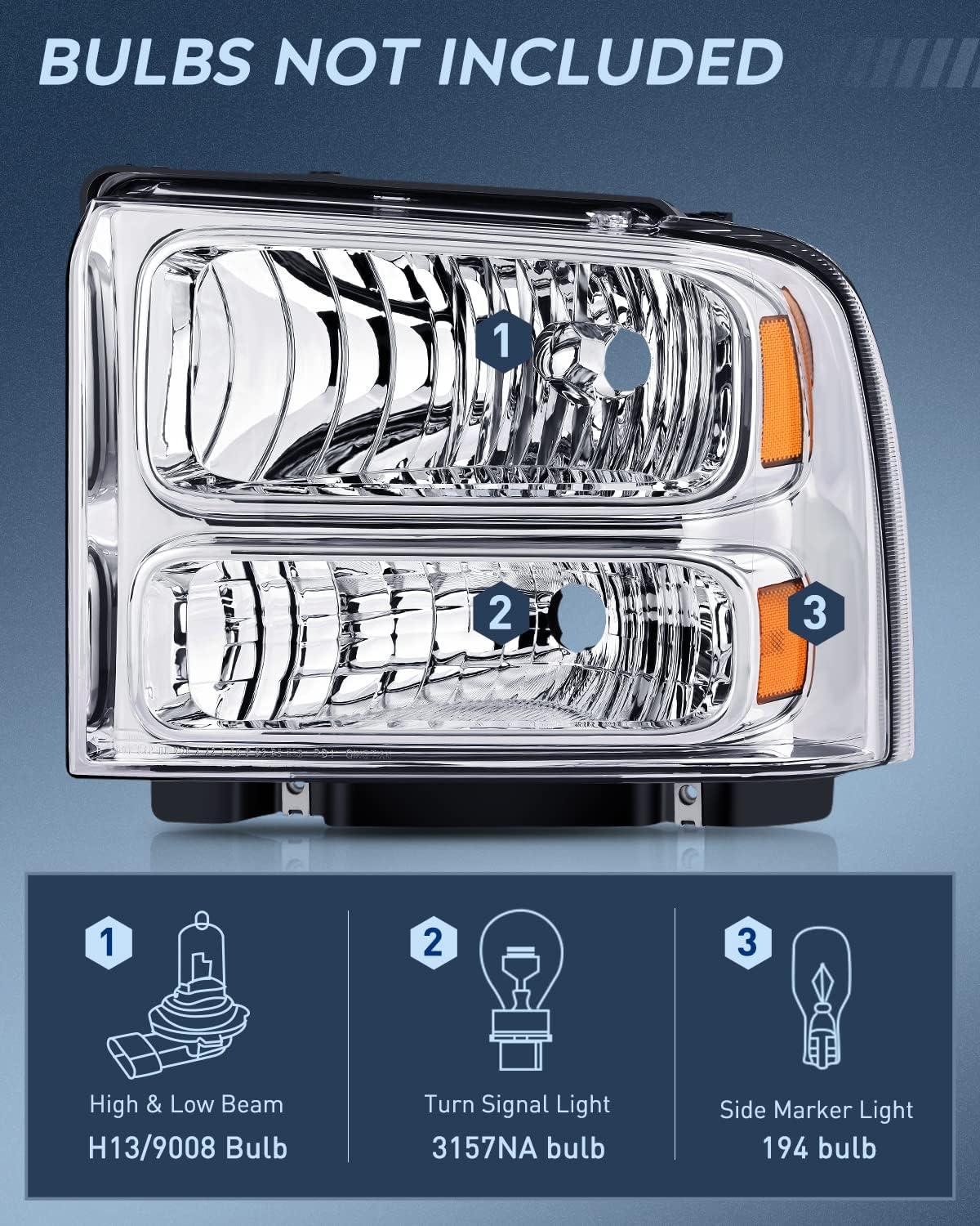 imageNilight Headlight Assembly 2005 2006 2007 F250 F350 F450 F550 Super Duty Black Housing Amber Corner Clear Lens 4 Pack Headlights Assembly ReplacementChrome Housing Amber Reflector