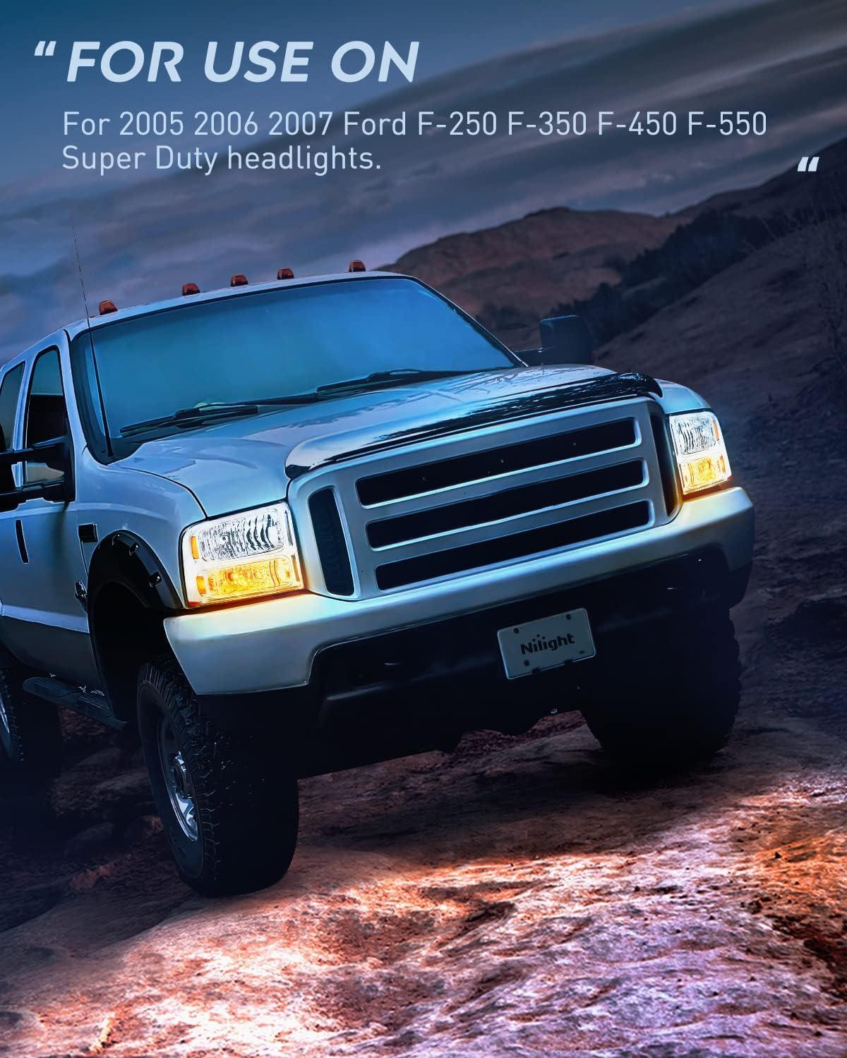 imageNilight Headlight Assembly 2005 2006 2007 F250 F350 F450 F550 Super Duty Black Housing Amber Corner Clear Lens 4 Pack Headlights Assembly ReplacementChrome Housing Amber Reflector