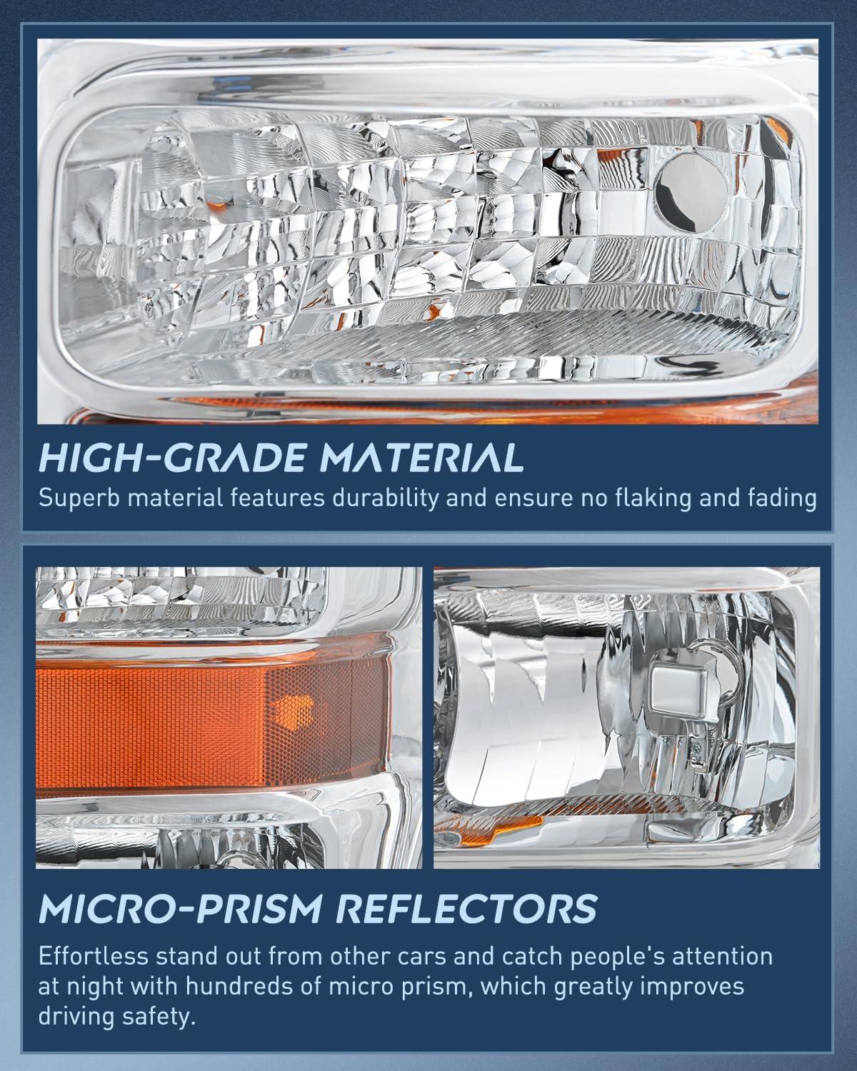imageNilight Headlight Assembly 2005 2006 2007 F250 F350 F450 F550 Super Duty Black Housing Amber Corner Clear Lens 4 Pack Headlights Assembly ReplacementChrome Housing Amber Reflector