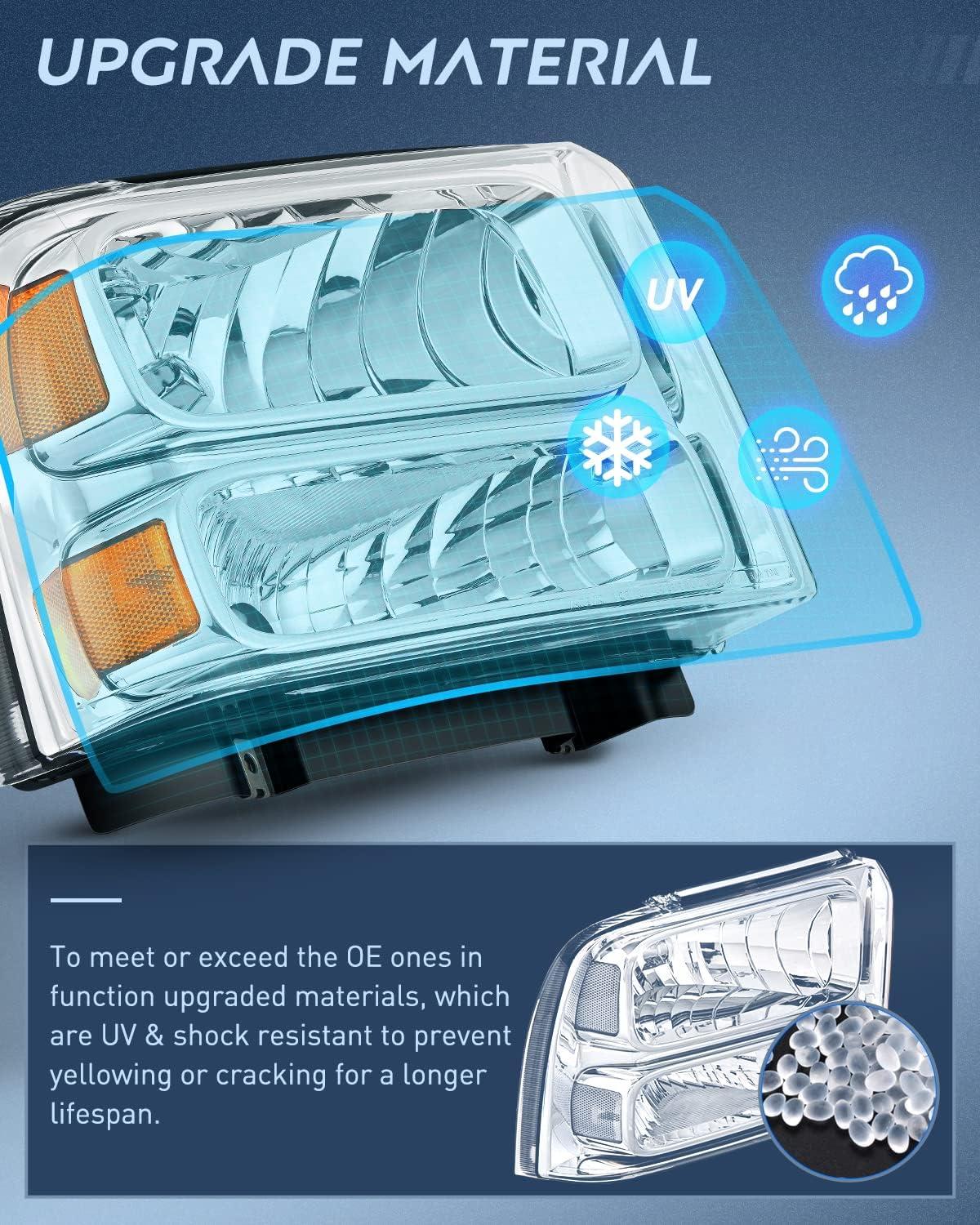 imageNilight Headlight Assembly 2005 2006 2007 F250 F350 F450 F550 Super Duty Black Housing Amber Corner Clear Lens 4 Pack Headlights Assembly ReplacementChrome Housing Amber Reflector