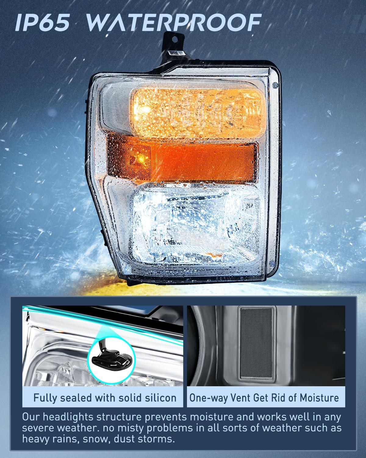 imageNilight Headlight Assembly 2005 2006 2007 F250 F350 F450 F550 Super Duty Black Housing Amber Corner Clear Lens 4 Pack Headlights Assembly ReplacementChrome Housing Amber Reflector