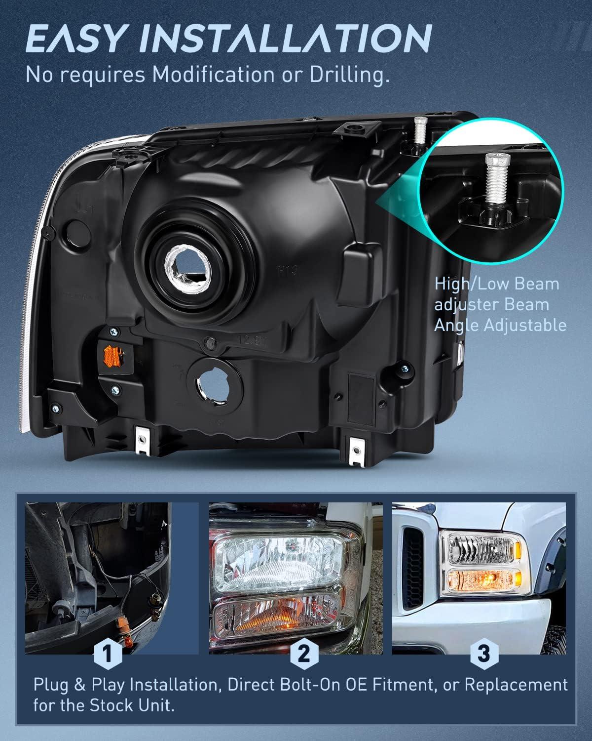 imageNilight Headlight Assembly 2005 2006 2007 F250 F350 F450 F550 Super Duty Black Housing Amber Corner Clear Lens 4 Pack Headlights Assembly ReplacementChrome Housing Amber Reflector