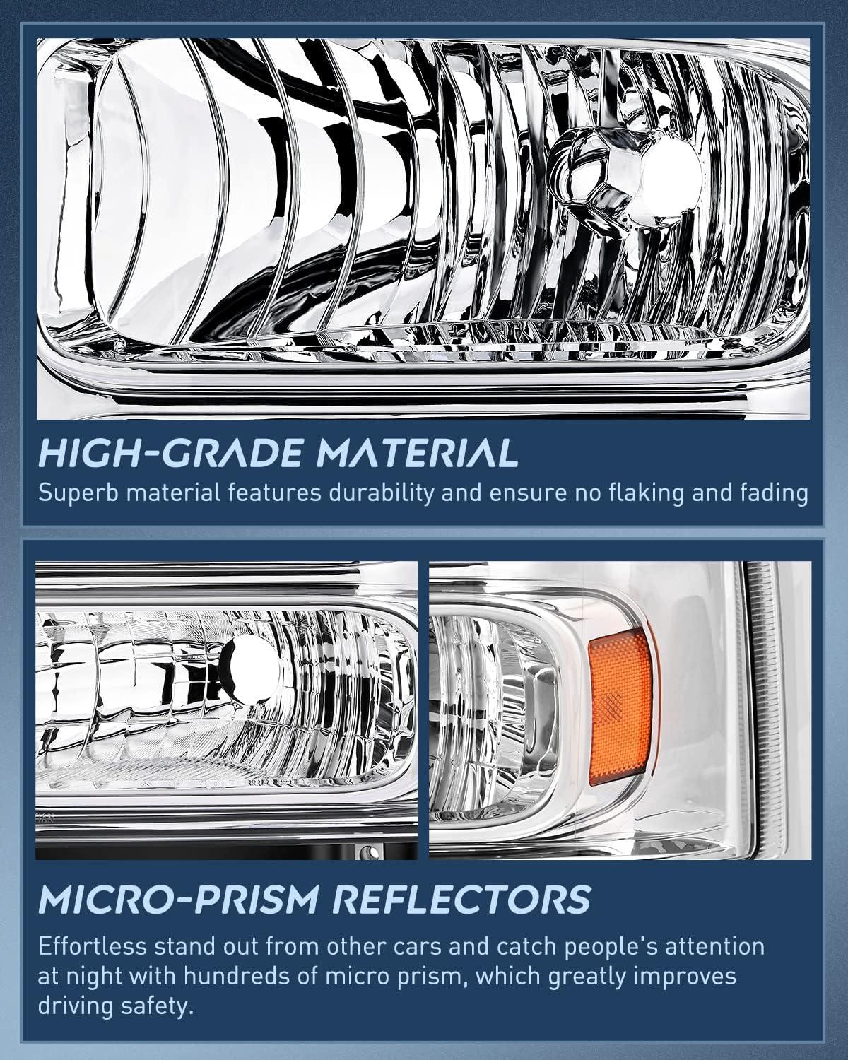 imageNilight Headlight Assembly 2005 2006 2007 F250 F350 F450 F550 Super Duty Black Housing Amber Corner Clear Lens 4 Pack Headlights Assembly ReplacementChrome Housing Amber Reflector