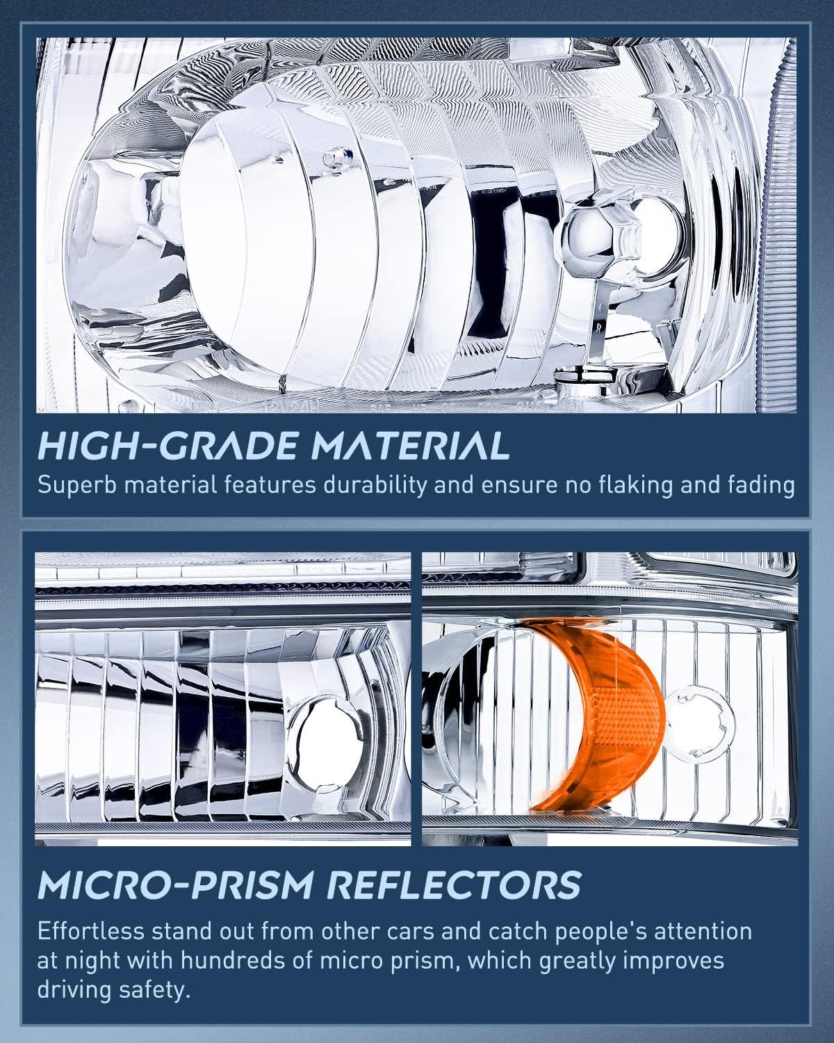 imageNilight Headlight Assembly 2005 2006 2007 F250 F350 F450 F550 Super Duty Black Housing Amber Corner Clear Lens 4 Pack Headlights Assembly ReplacementChrome Housing Amber Reflector