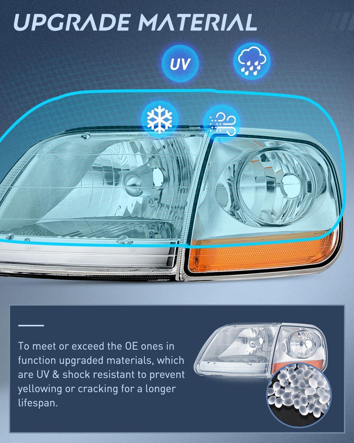 imageNilight Headlight Assembly 2005 2006 2007 F250 F350 F450 F550 Super Duty Black Housing Amber Corner Clear Lens 4 Pack Headlights Assembly ReplacementChrome Housing Amber Reflector