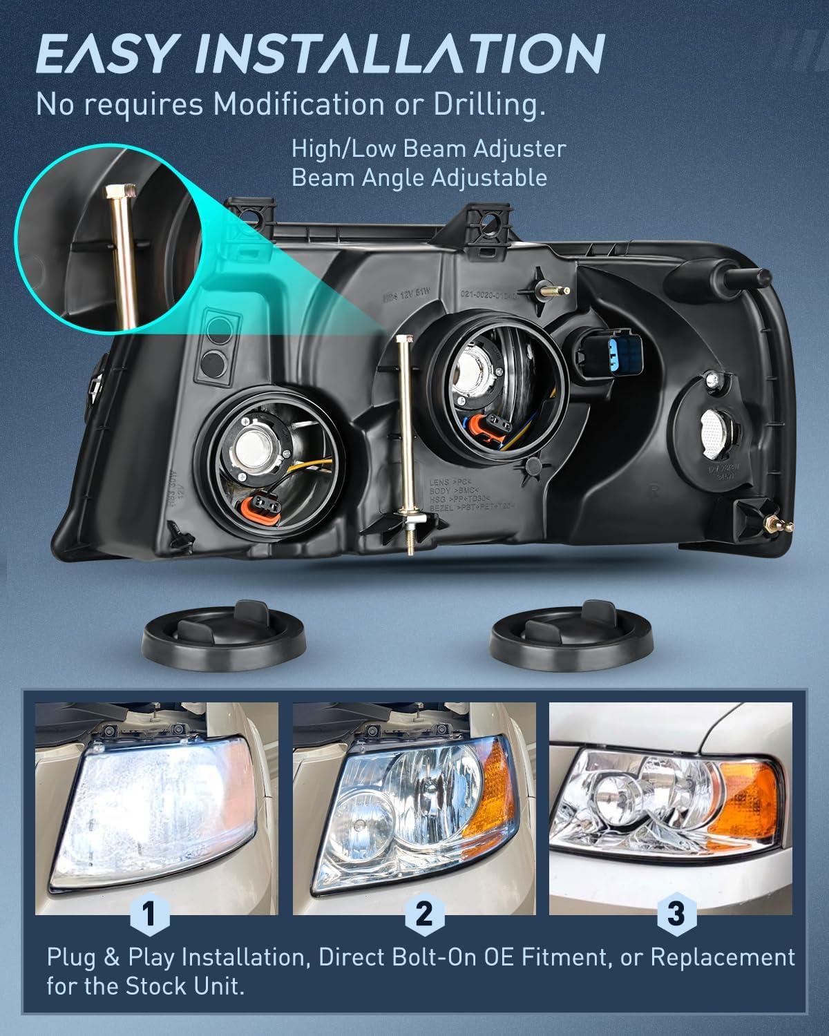 imageNilight Headlight Assembly 2005 2006 2007 F250 F350 F450 F550 Super Duty Black Housing Amber Corner Clear Lens 4 Pack Headlights Assembly ReplacementChrome Housing Amber Reflector